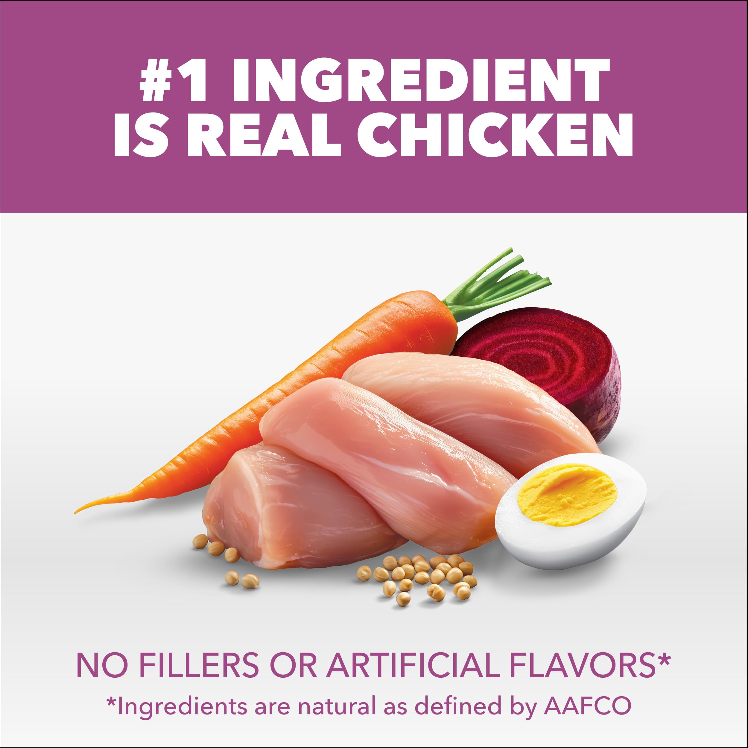 IAMS zoom sur poulet réel indiquant source protéique principale et appétence