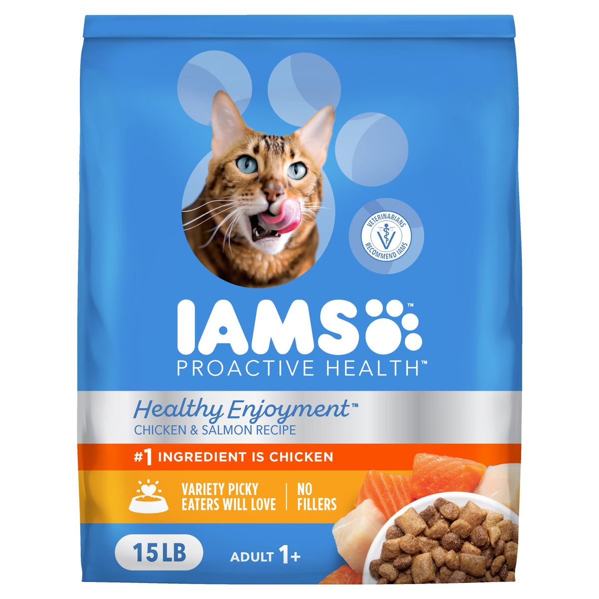 IAMS face packaging 15 lb montrant la recette poulet et saumon bénéfice nutritionnel