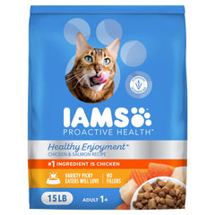 IAMS face packaging 15 lb montrant la recette poulet et saumon bénéfice nutritionnel