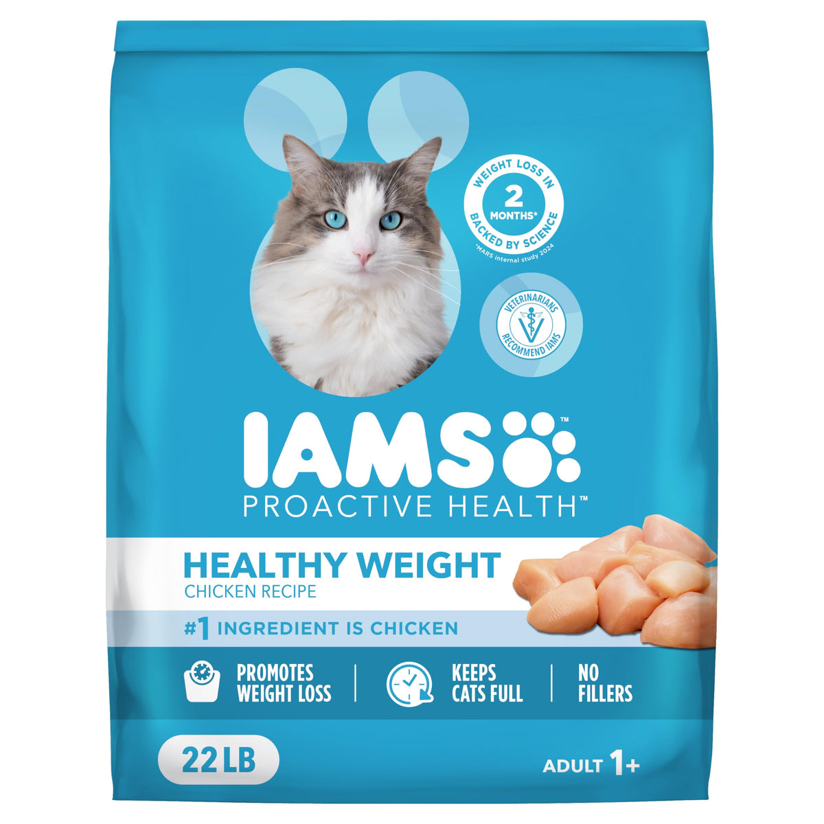 IAMS paquet 22 lb montrant l’emballage et l’information produit bénéfice gestion du poids