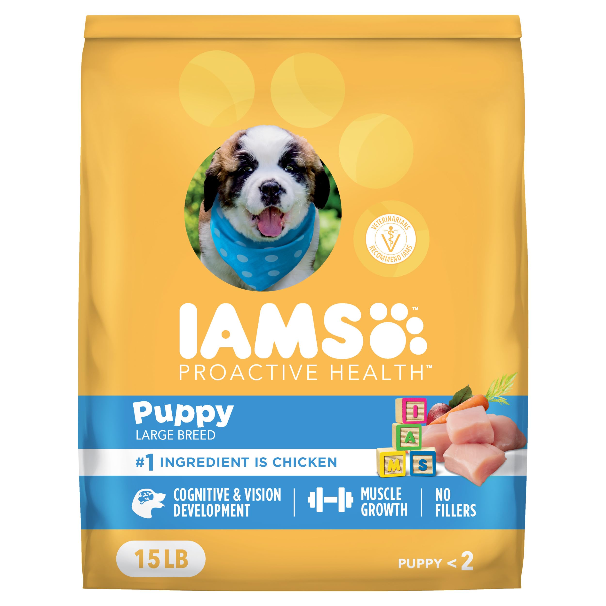 IAMS paquet avant poulet 15 lb montrant l’emballage et la confiance nutritionnelle