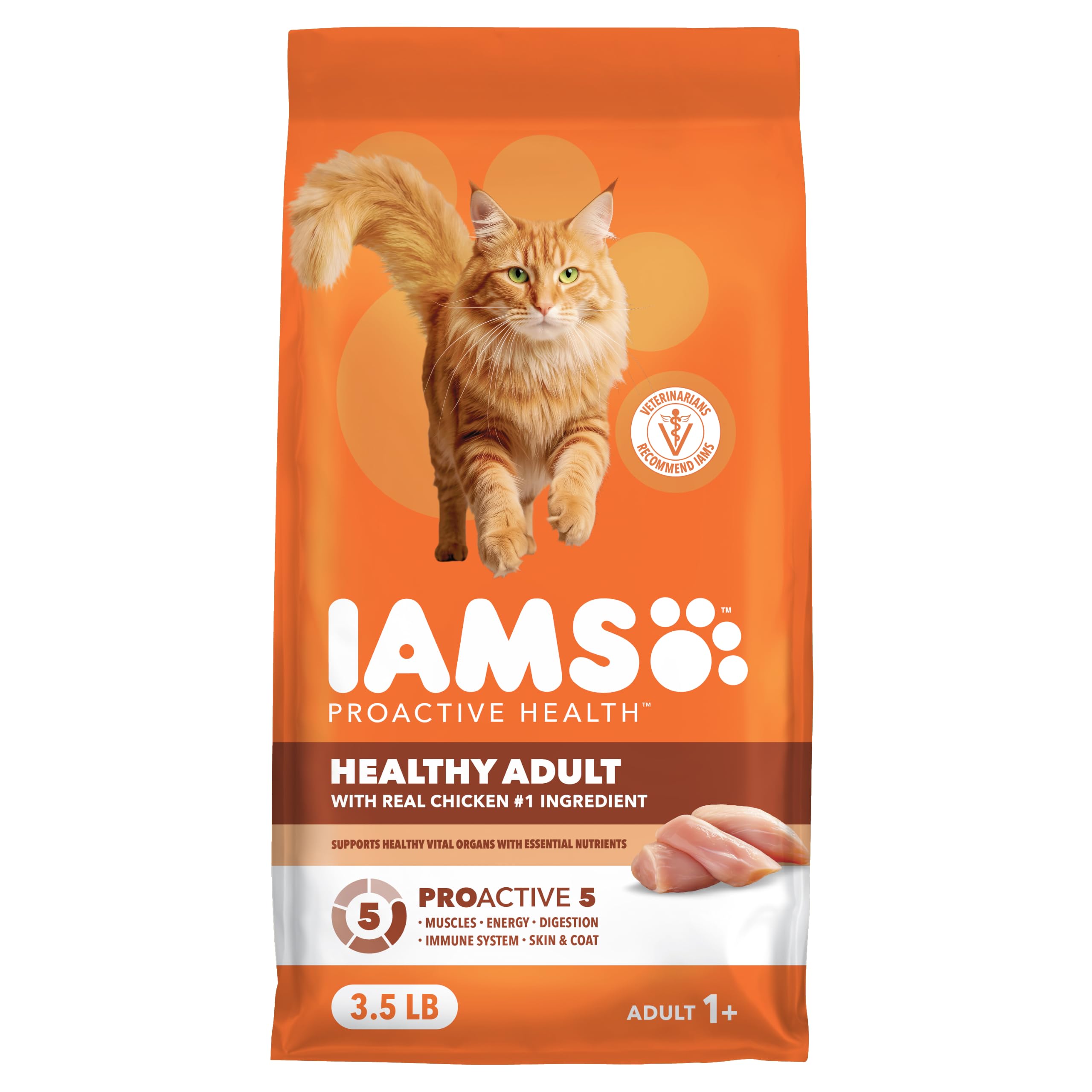 IAMS paquet frontal 7 lb montrant la formule poulet, nutrition complète pour chats