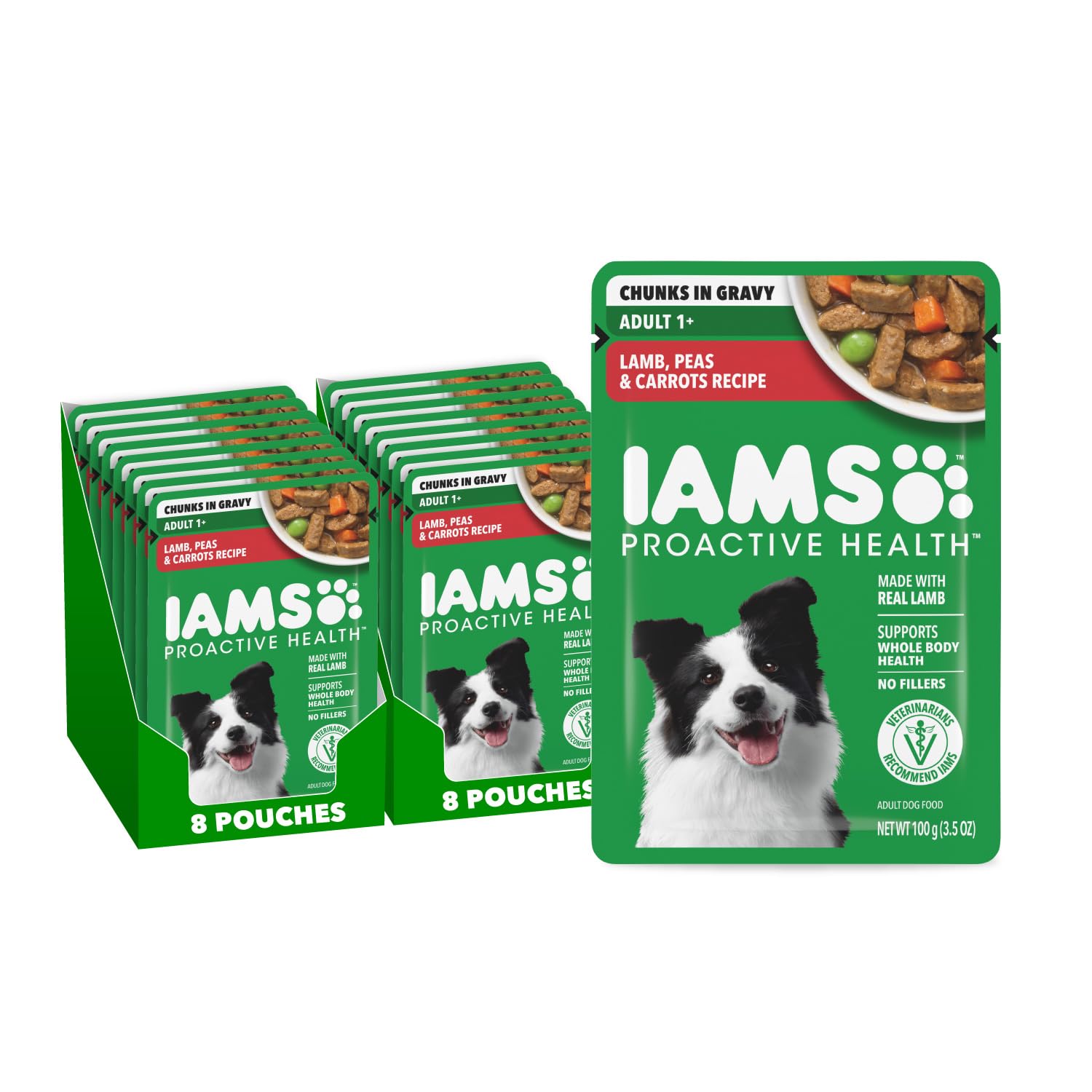 IAMS pochettes avant packaging montrant design pratique et portion individuelle