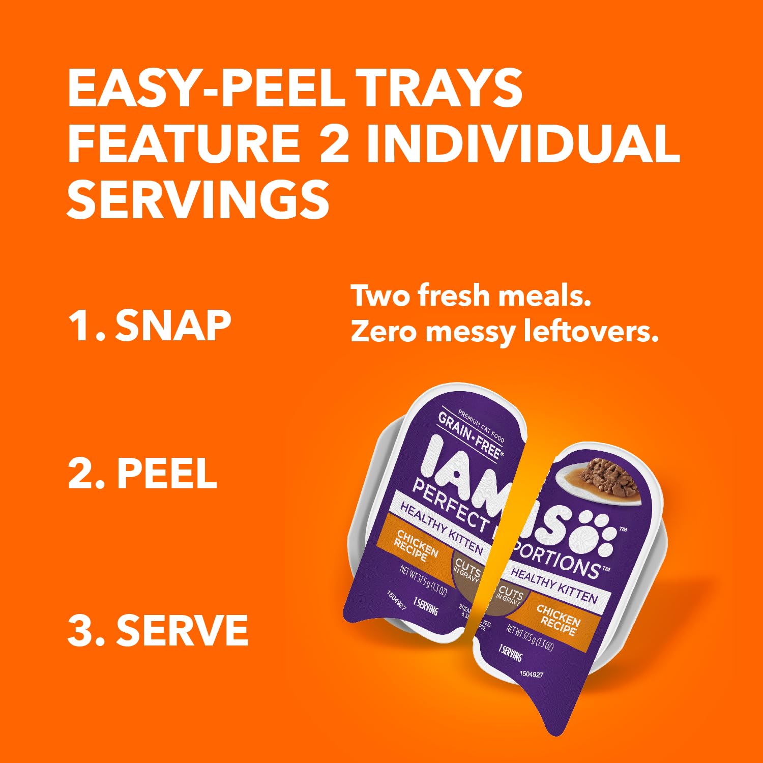 IAMS deux barquettes côte à côte illustrant portions individuelles pratiques