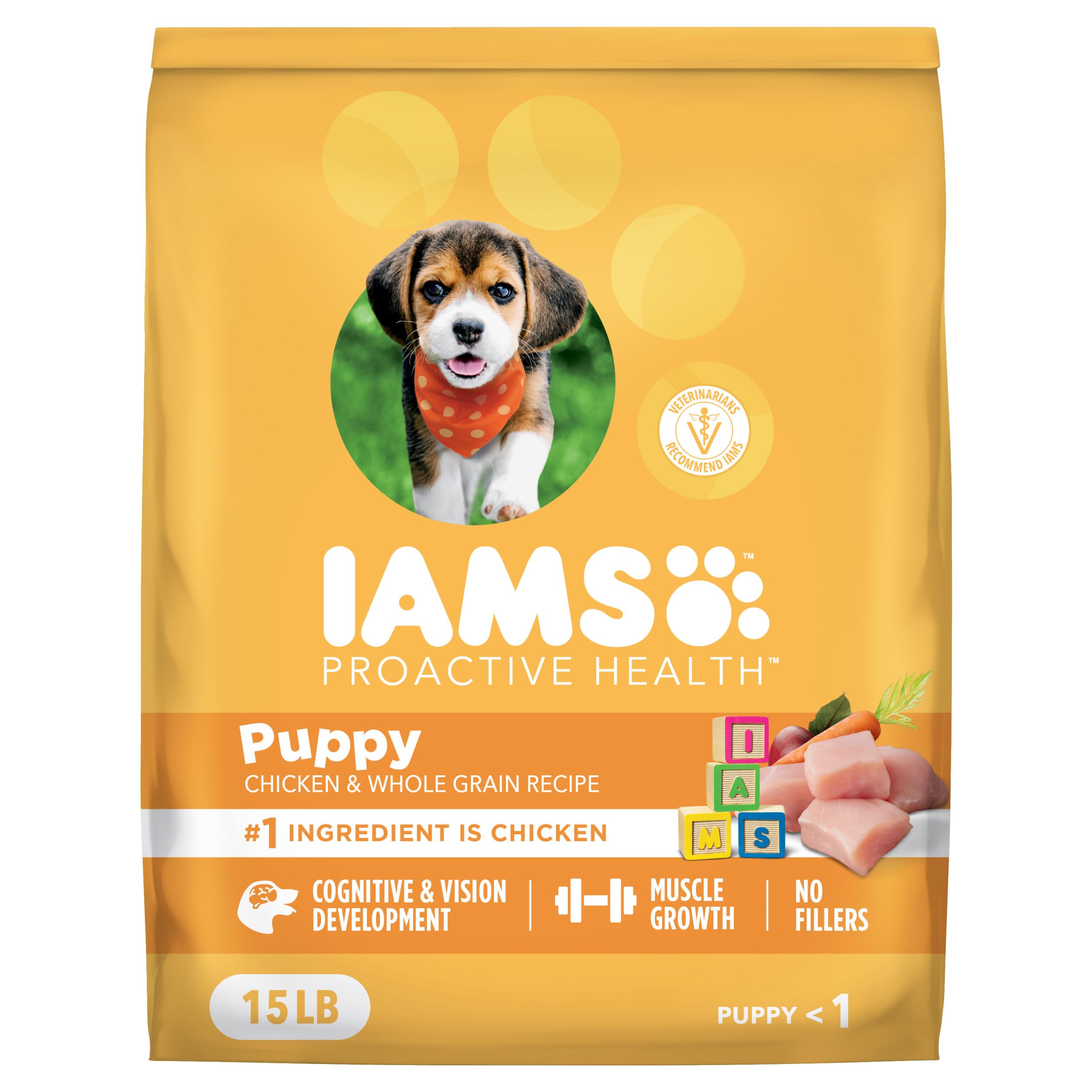 IAMS emballage 15 lb face montrant formulation poulet bénéfice nutrition
