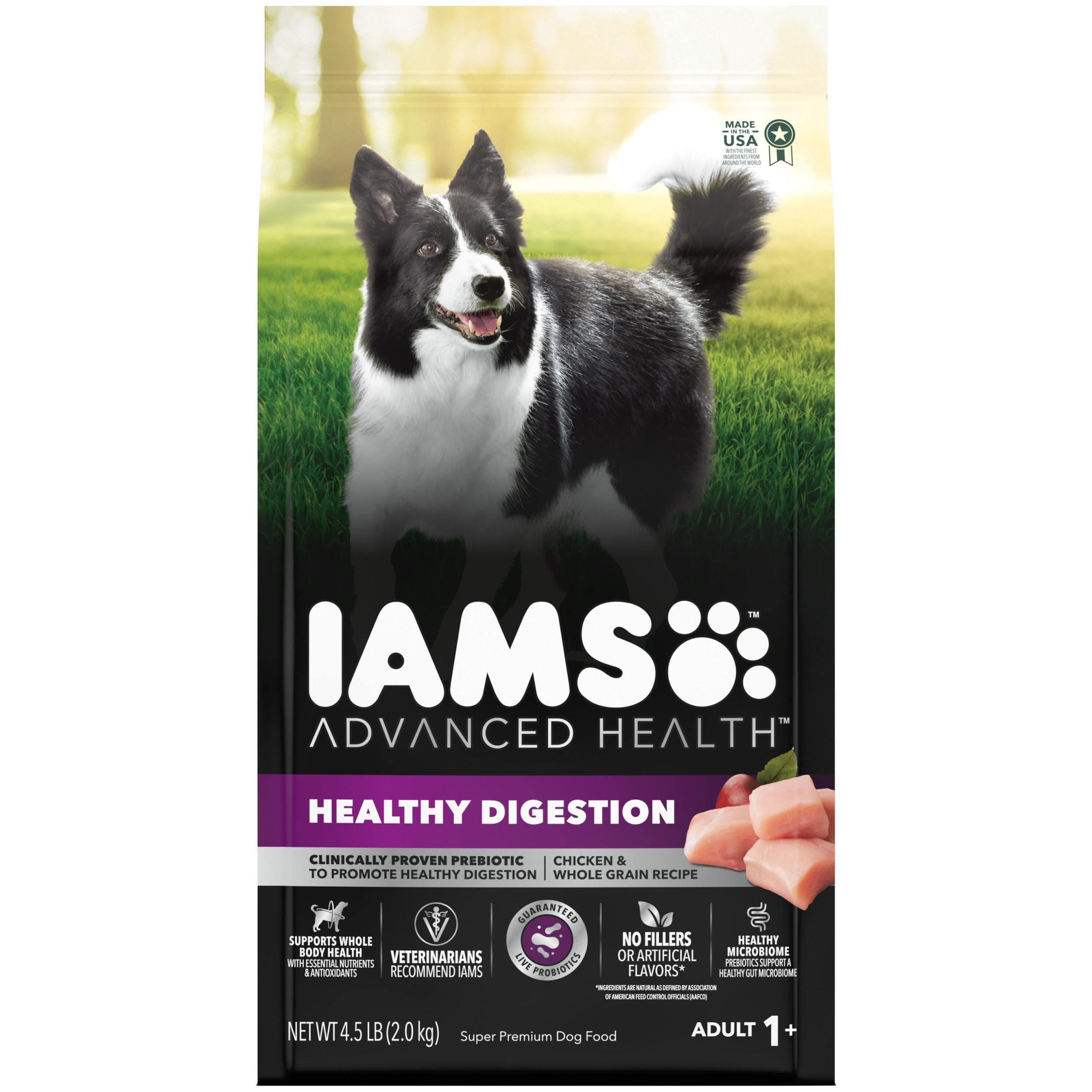 IAMS sachet avant montrant l’étiquette et bénéfice digestion améliorée