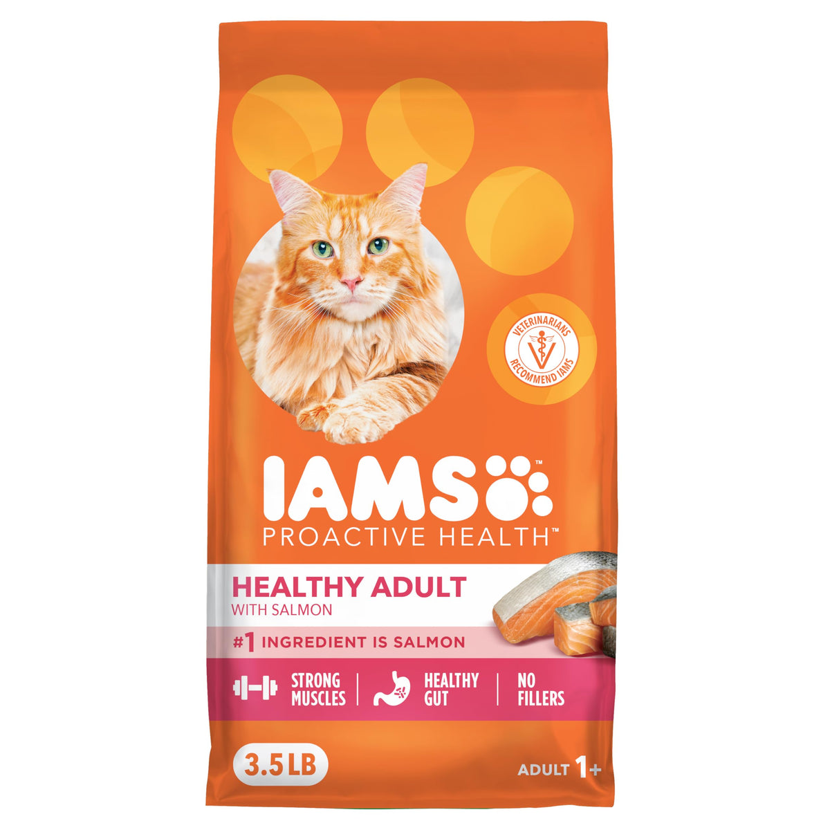IAMS emballage avant montrant formule saumon et bénéfices digestifs