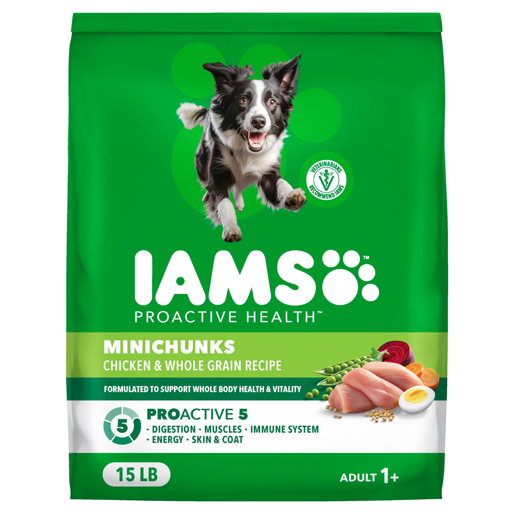 IAMS emballage face montrant la recette poulet et bénéfice nutritionnel équilibré