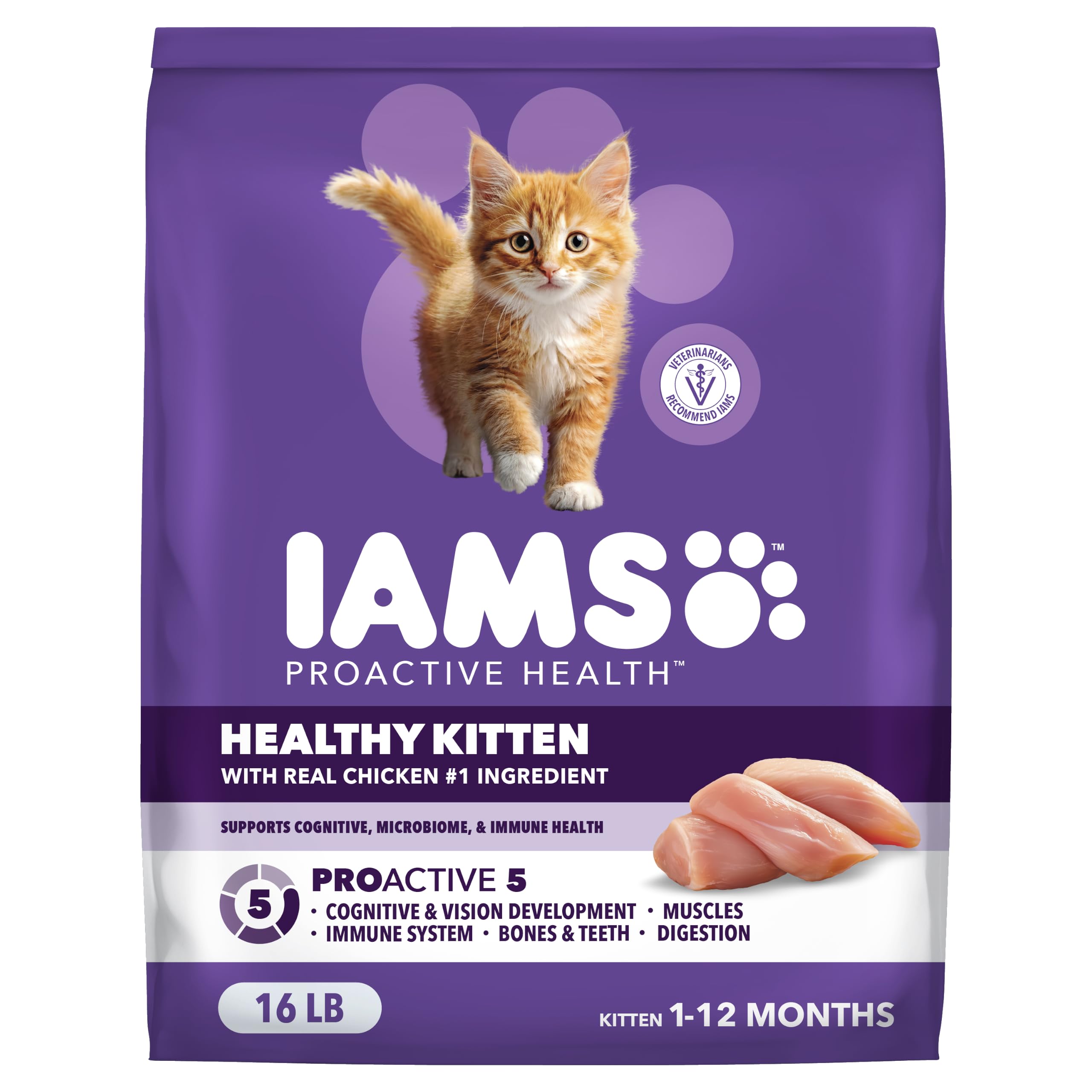 IAMS sachet face poulet montrant l'emballage et bénéfice qualité protéique