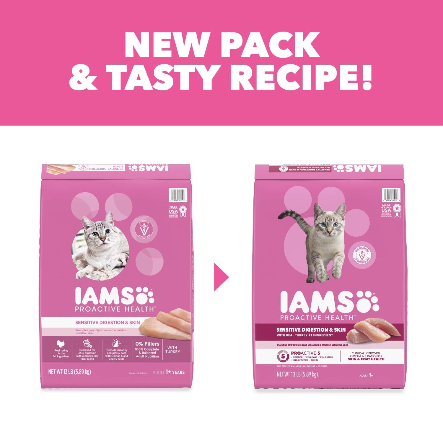 IAMS sachet ouvert montrant fermeture pratique et fraîcheur