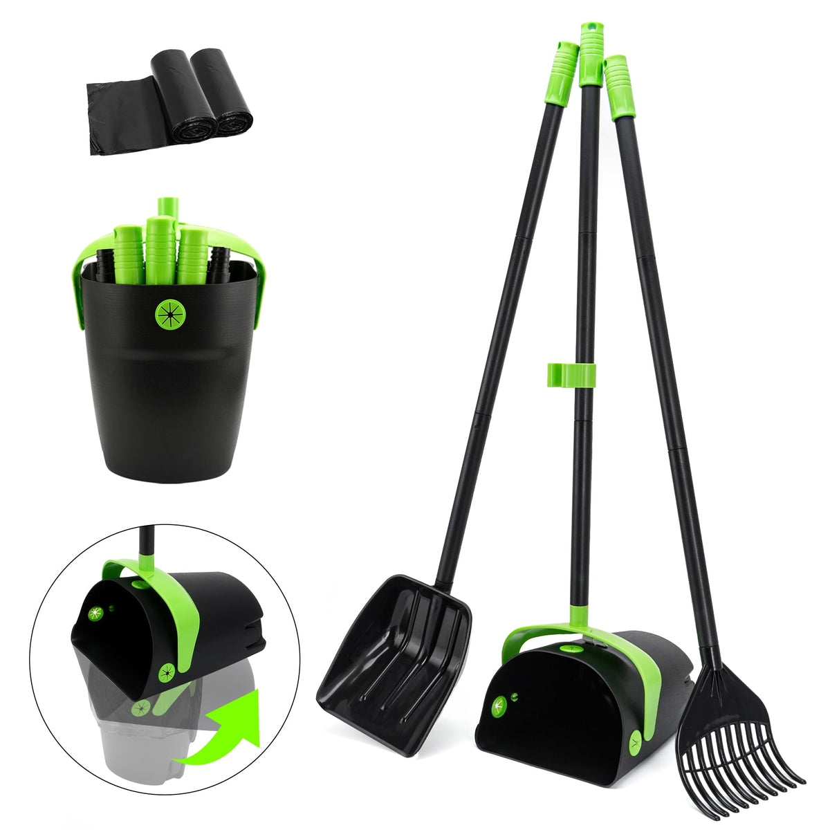 ibestbuy vue frontale du kit complet montrant râteau pelle et poubelle, facilite le nettoyage