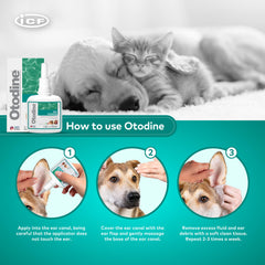 ICF Otodine goutte sur main illustrant texture fluide et rinçage en profondeur