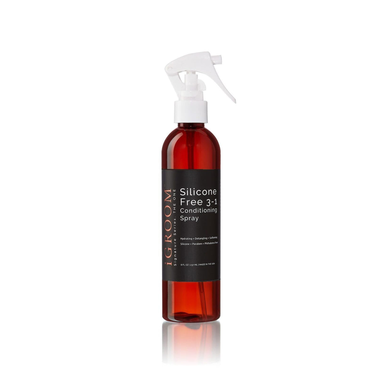 iGroom bouteille avant 8 oz montrant le flacon pratique et bénéfice démêlant