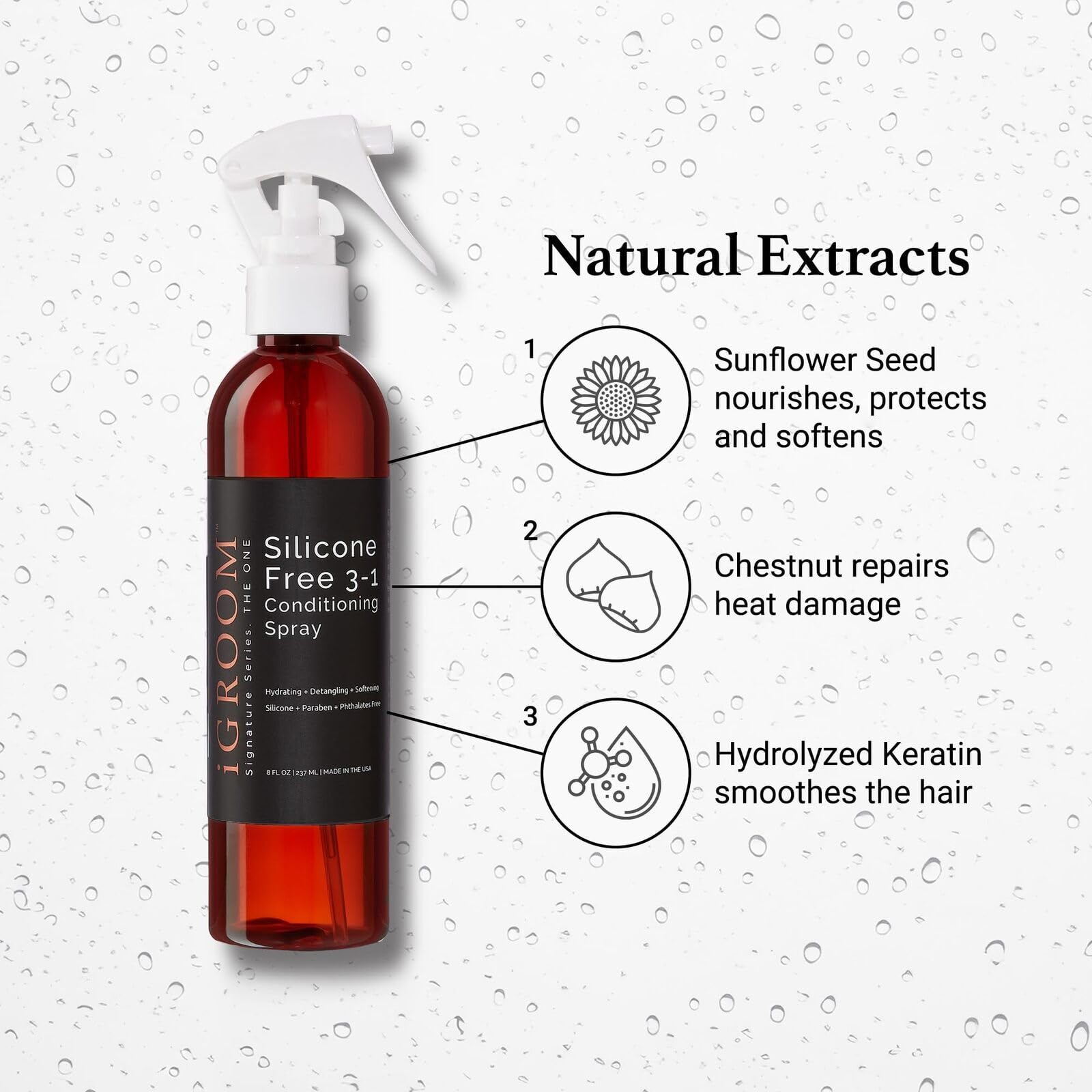 iGroom étiquette ingrédients soulignant formule sans silicones ni parabènes