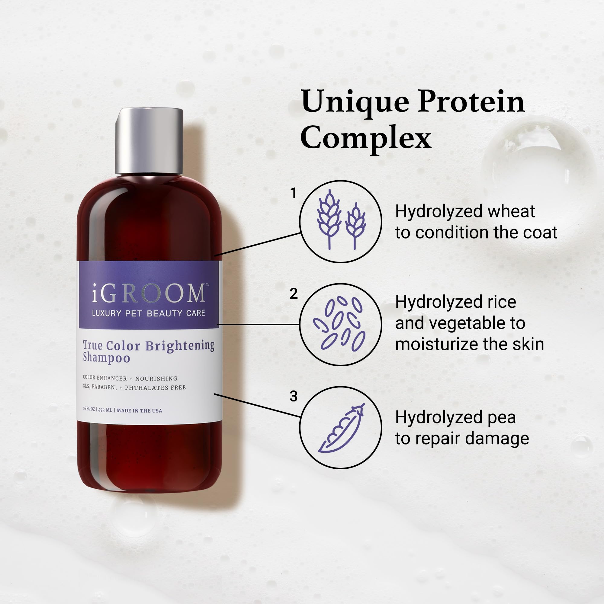 iGroom étiquette ingrédients affichant complexe protéique et absence de sulfates