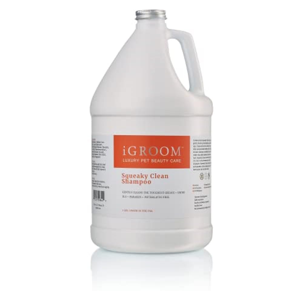 iGroom gallon Squeaky Clean montrant emballage professionnel et économies