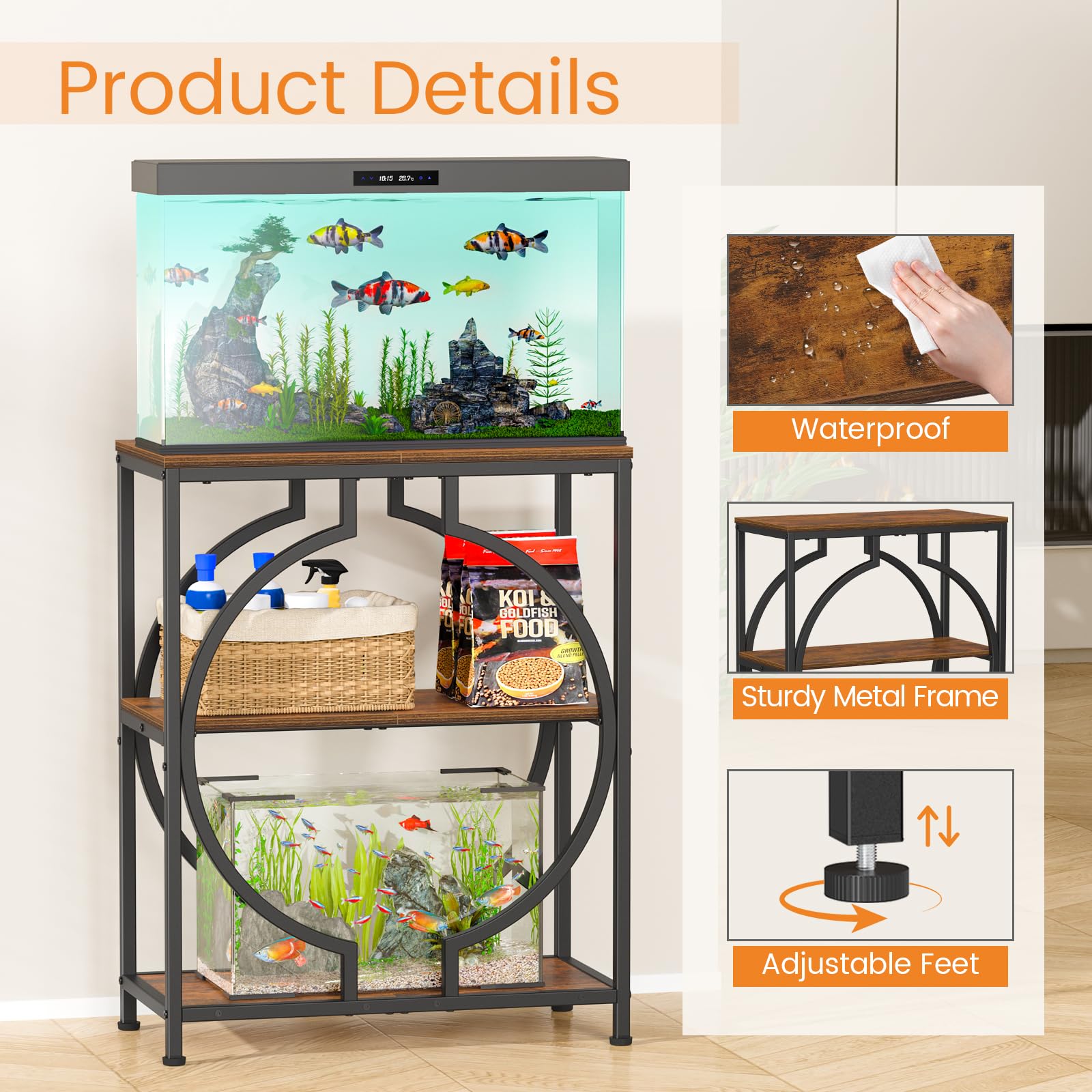 Snughome support d'aquarium 75,7 L avec rangement 3 étagères - Brun rustique, métal robuste