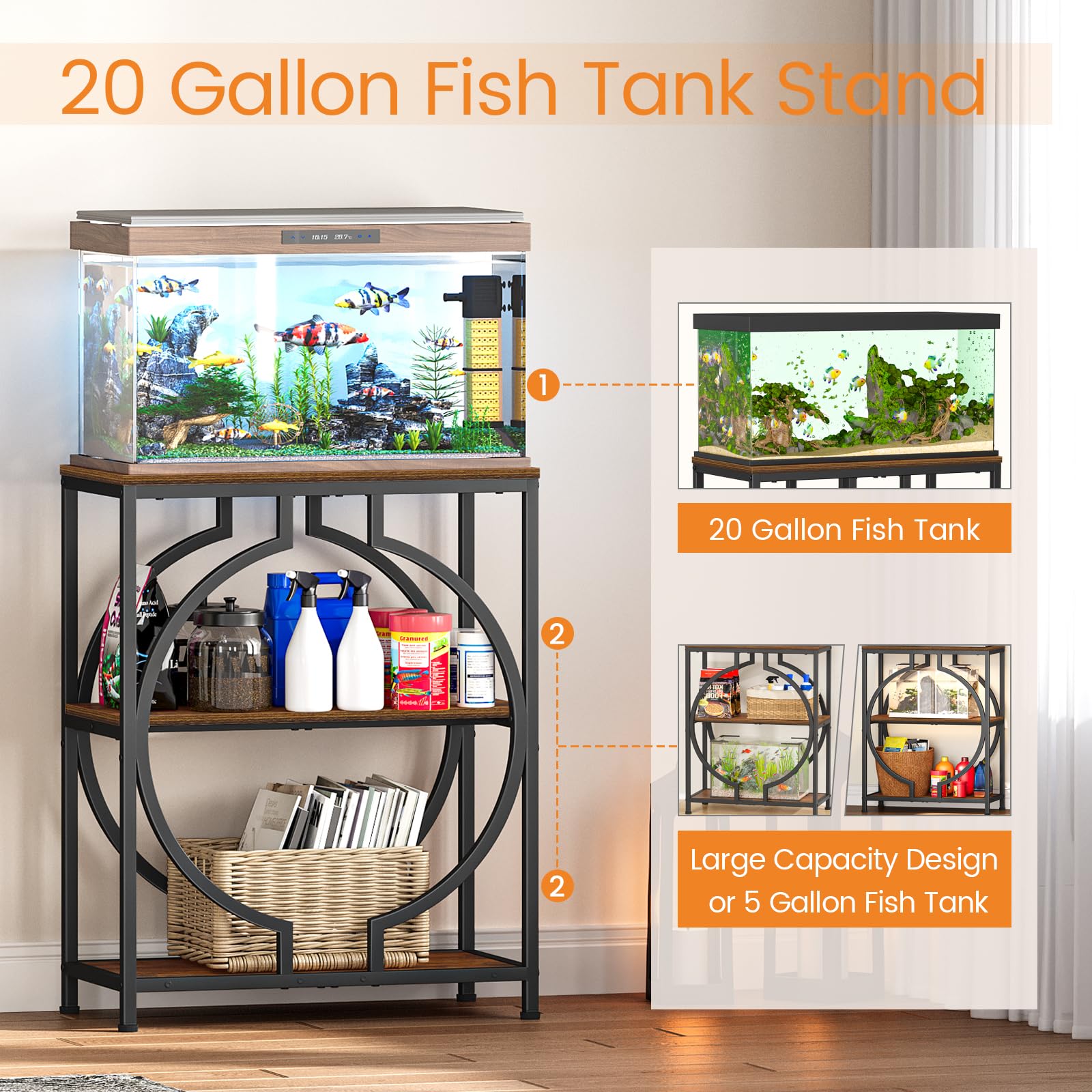 Snughome support d'aquarium 75,7 L avec rangement 3 étagères - Brun rustique, métal robuste