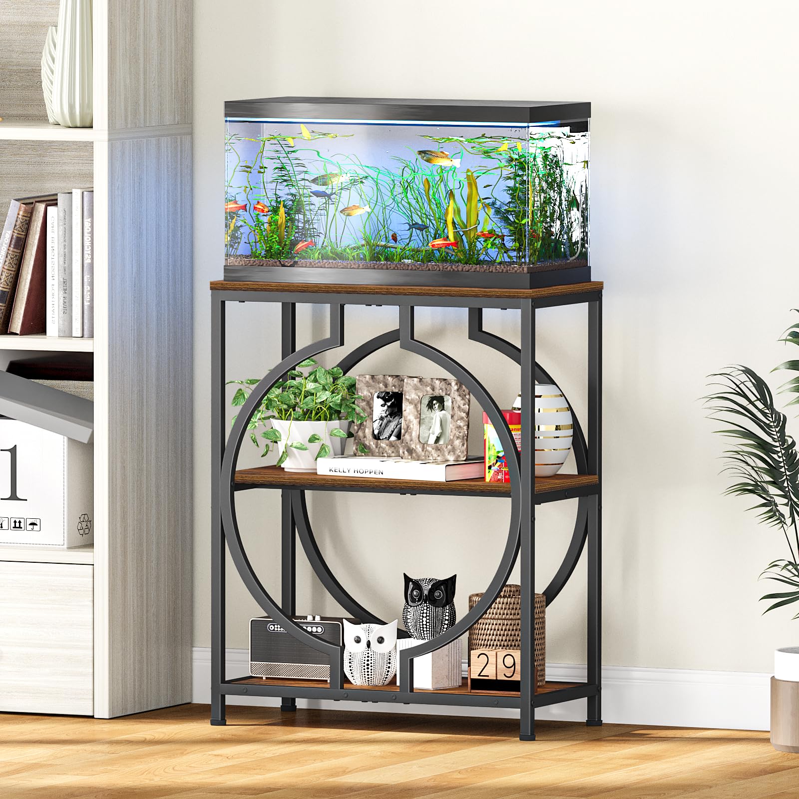 Snughome support d'aquarium 75,7 L avec rangement 3 étagères - Brun rustique, métal robuste