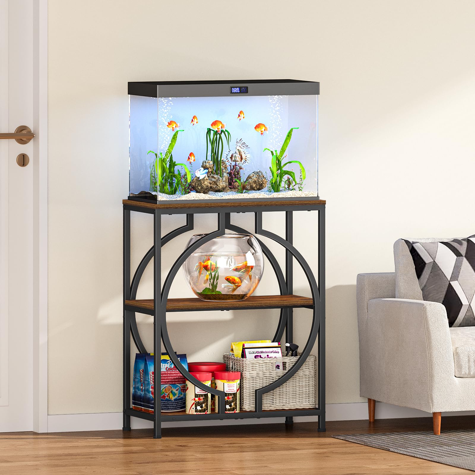Snughome support d'aquarium 75,7 L avec rangement 3 étagères - Brun rustique, métal robuste