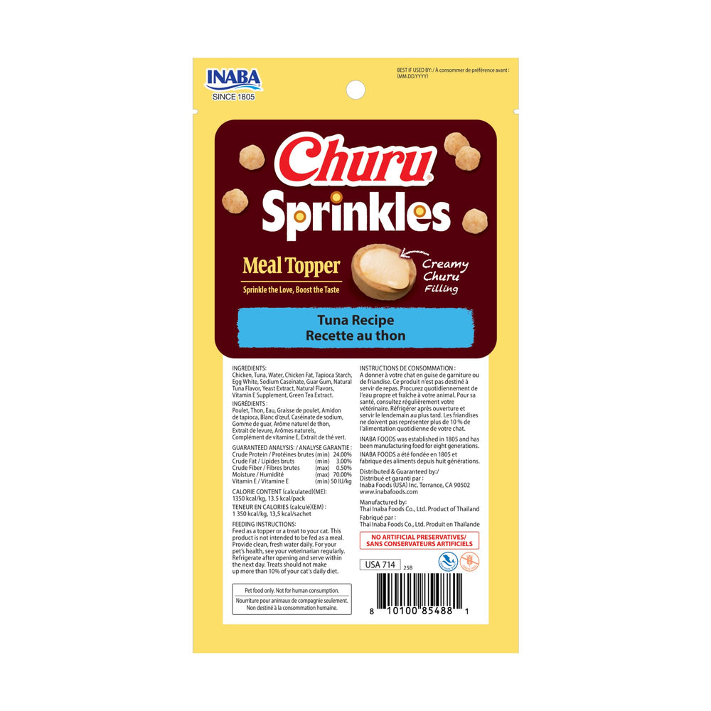 Étiquette INABA Churu Sprinkles avec ingrédients réels et bénéfice sans additifs