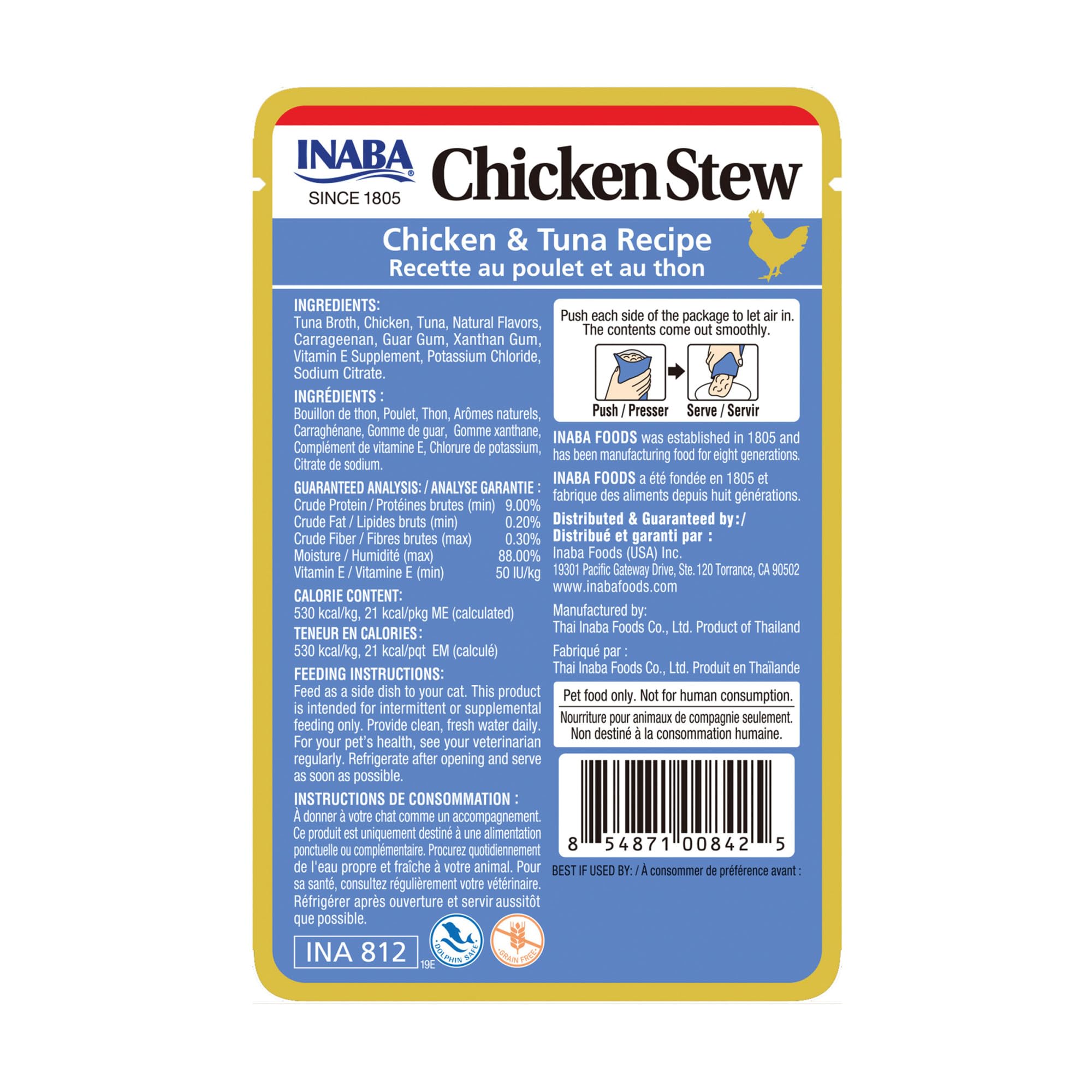 INABA chat qui mange le sachet servi, montre acceptation et hydratation