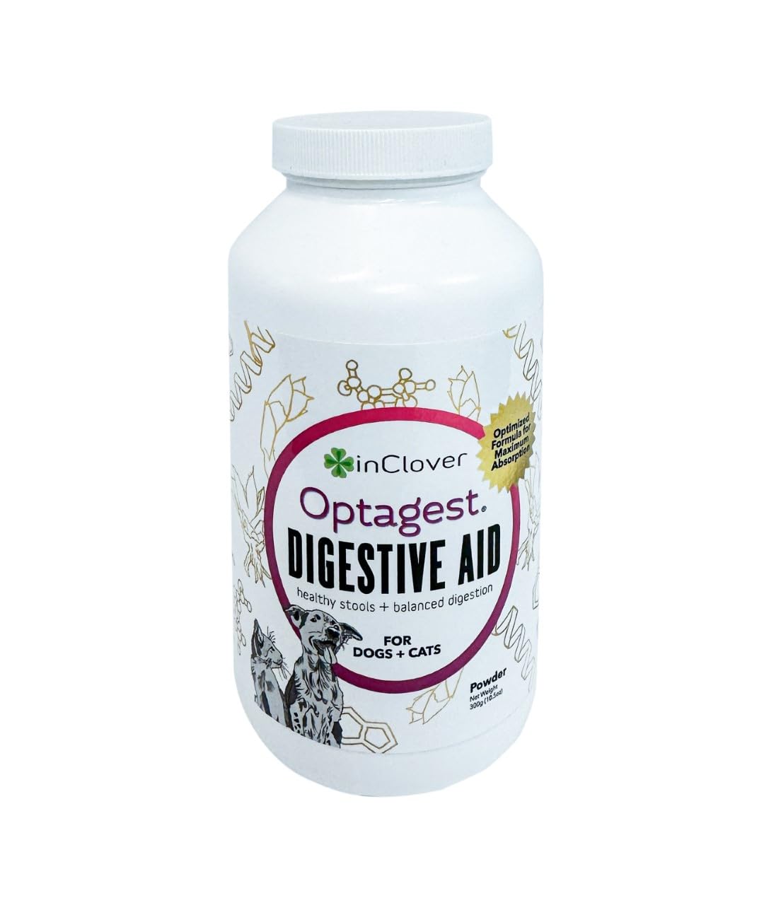 In Clover emballage avant Optagest montrant le pot et le logo, bénéfice digestion améliorée