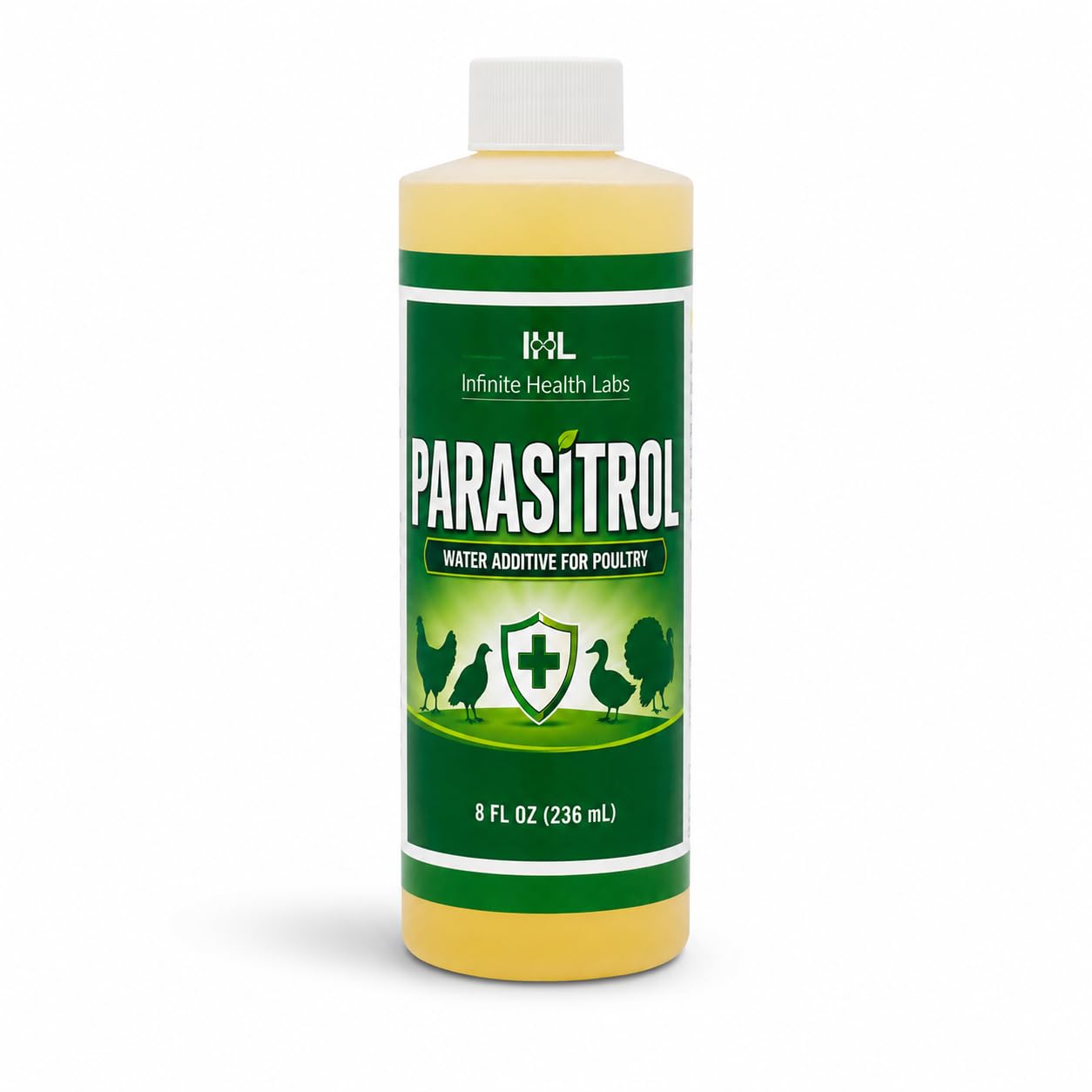 Infinite Health Labs bouteille Parasitrol face montrant l'emballage et usage pratique