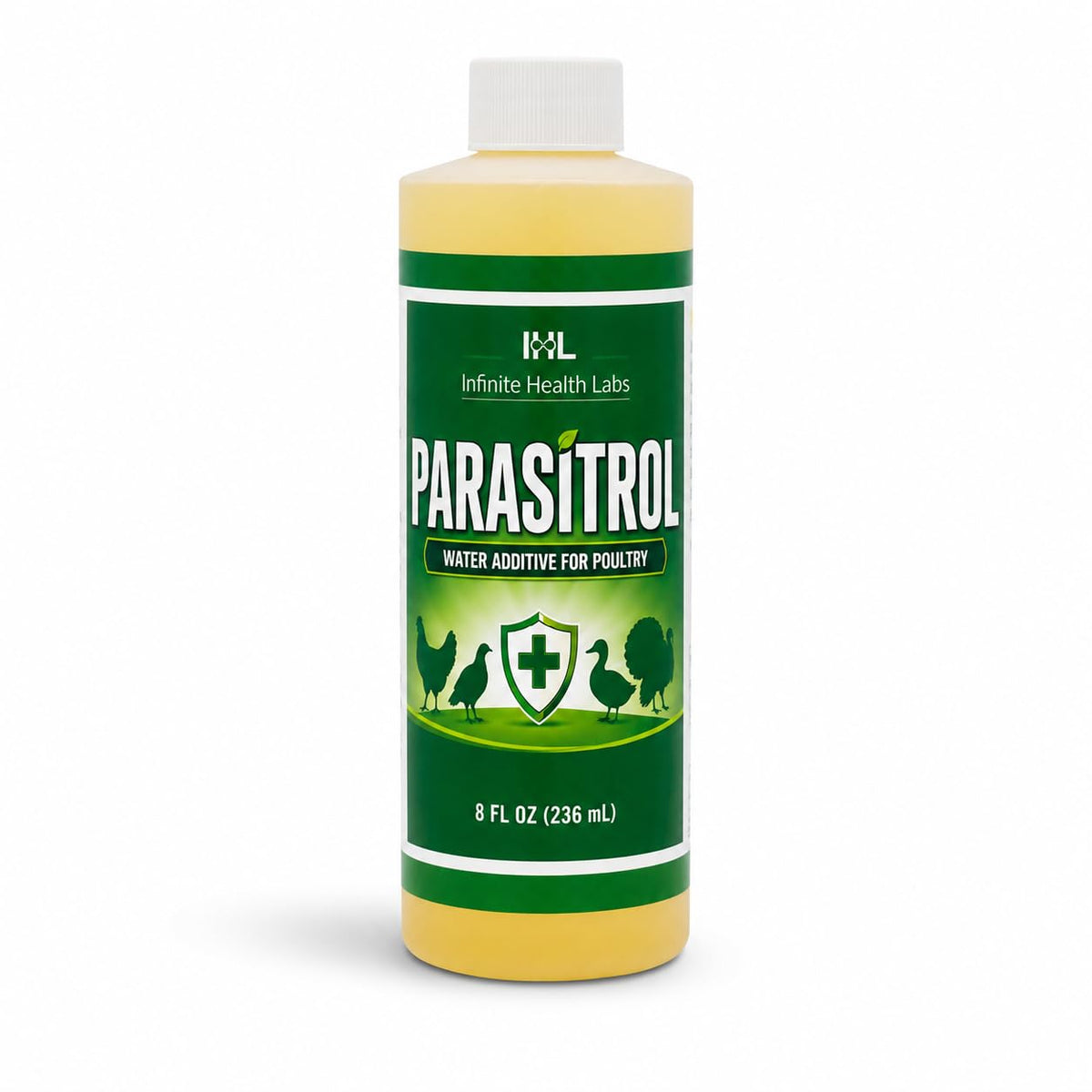 Infinite Health Labs bouteille Parasitrol face montrant l'emballage et usage pratique