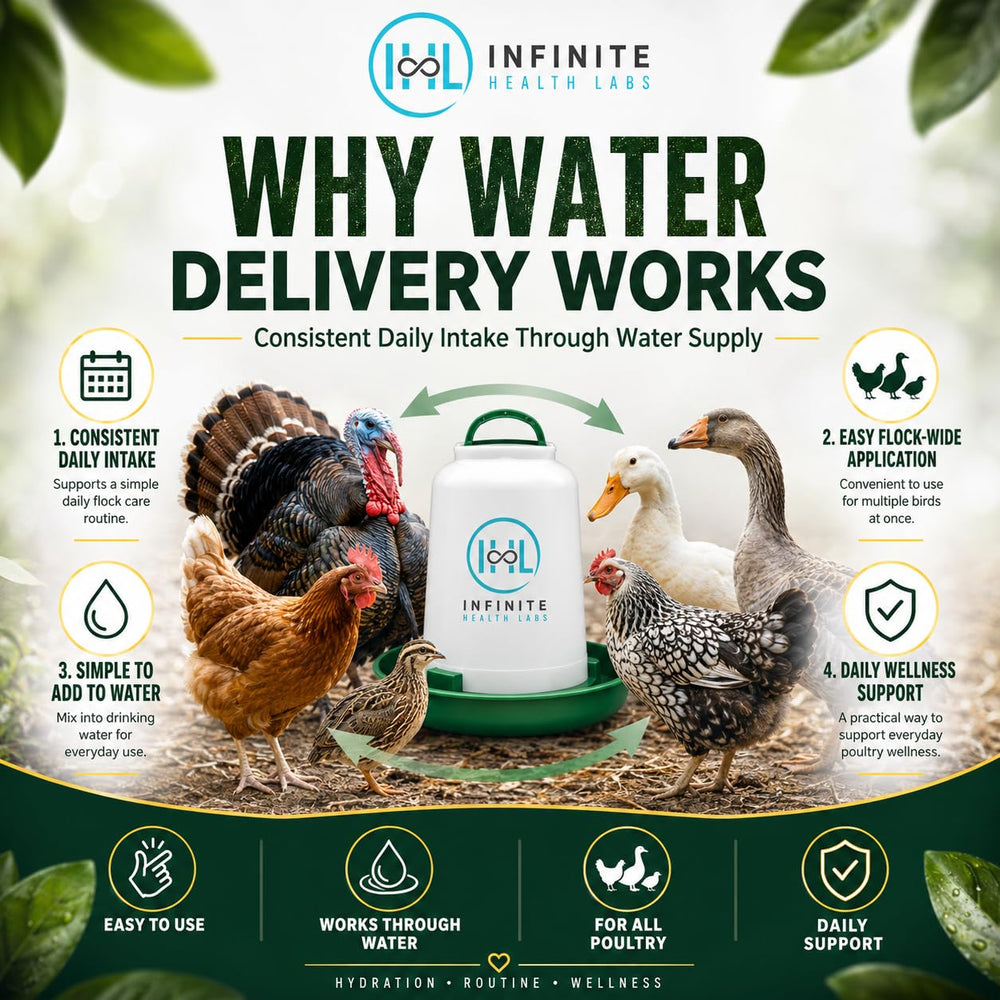 Infinite Health Labs poules buvant eau traitée Parasitrol hydratation soutenue