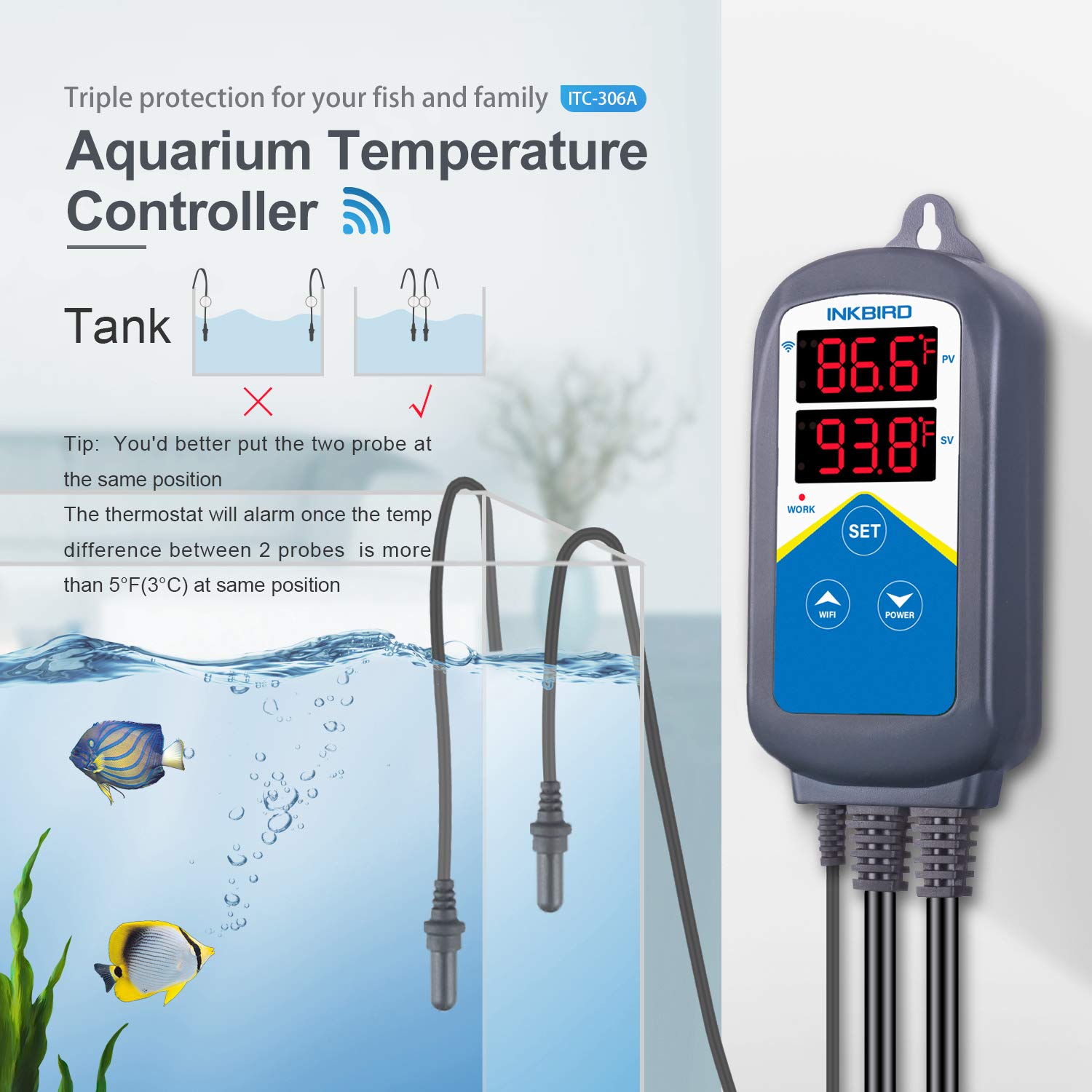 Inkbird ITC-306A deux sondes immergées dans l'aquarium, mesures fiables et redondantes
