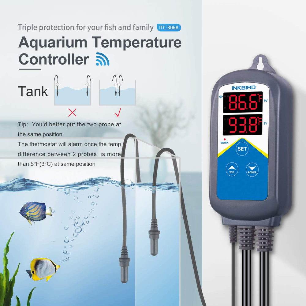 Inkbird ITC-306A deux sondes immergées dans l'aquarium, mesures fiables et redondantes