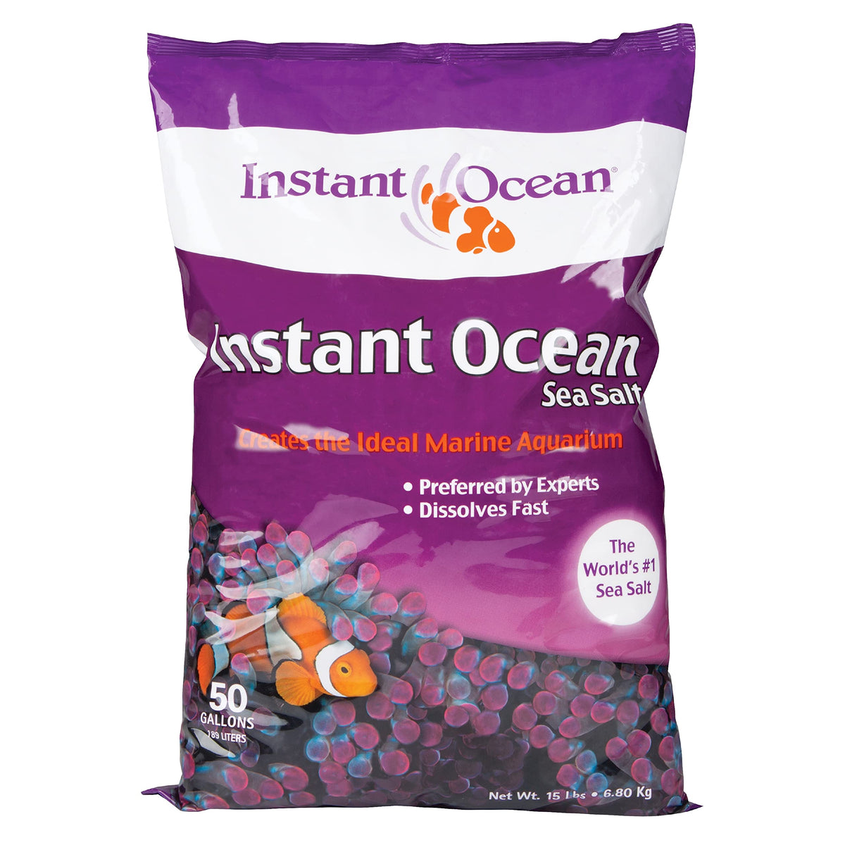 Instant Ocean emballage 50 gallons montrant le sac scellé et l’étiquette de qualité