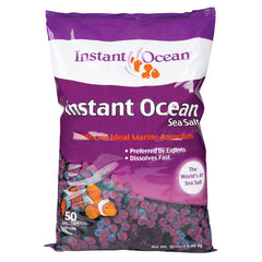 Instant Ocean emballage 50 gallons montrant le sac scellé et l’étiquette de qualité