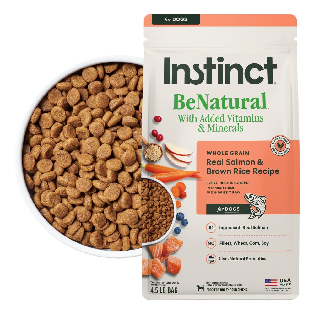 Instinct emballage avant montrant recette saumon et riz brun, confiance qualité