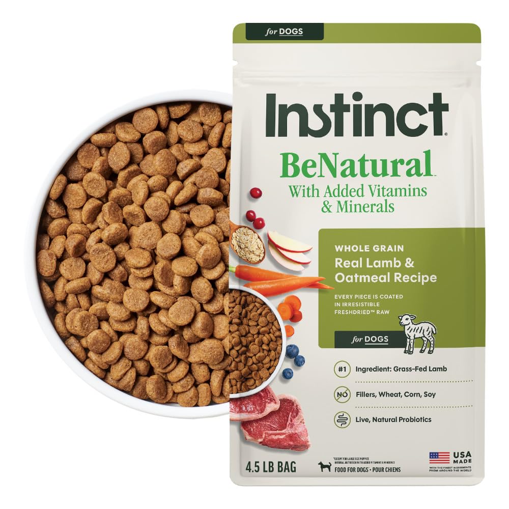 Instinct emballage avant agneau et avoine montrant la recette et avantage naturel