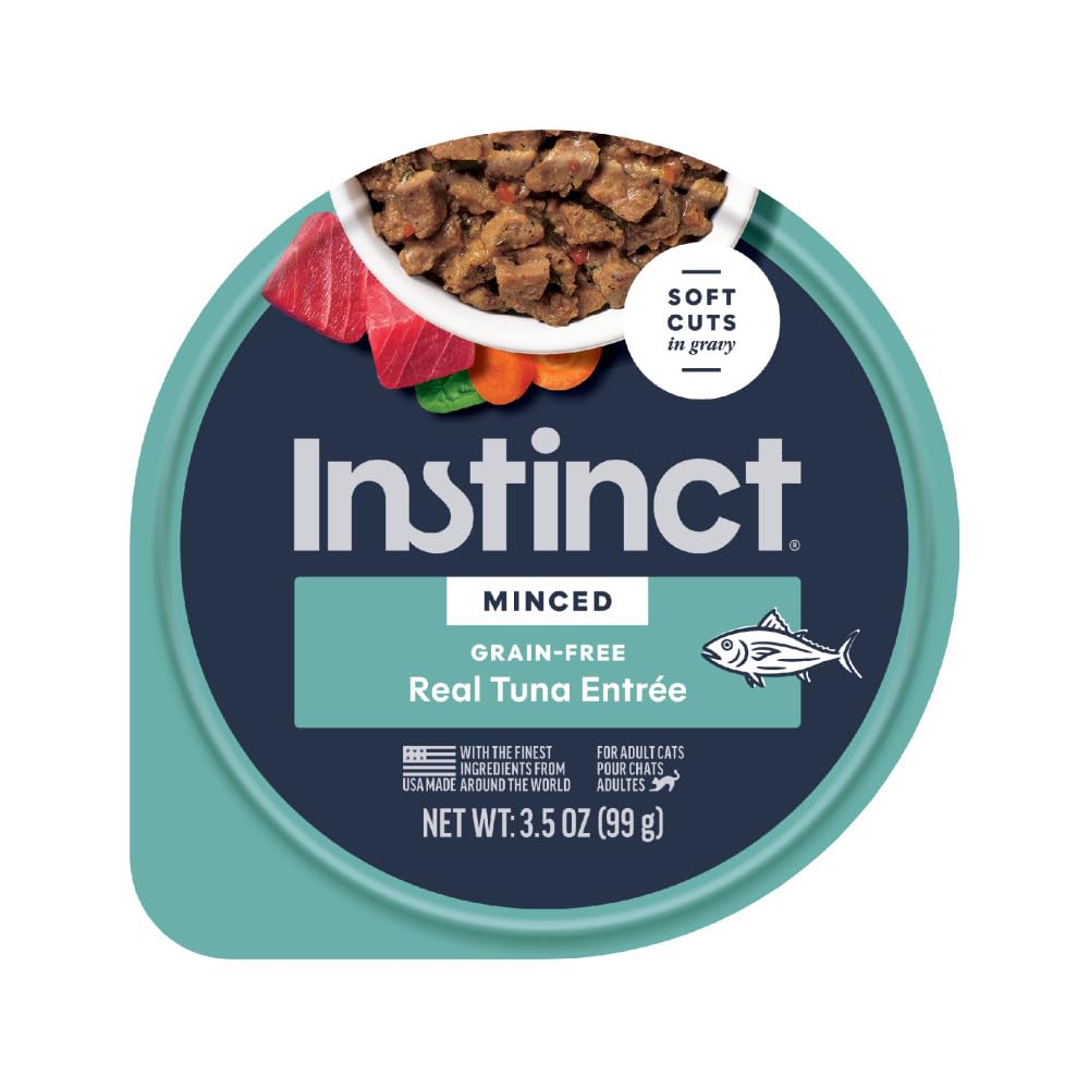 Instinct face de l'emballage Minced Cups Thon montrant le produit et bénéfice qualité