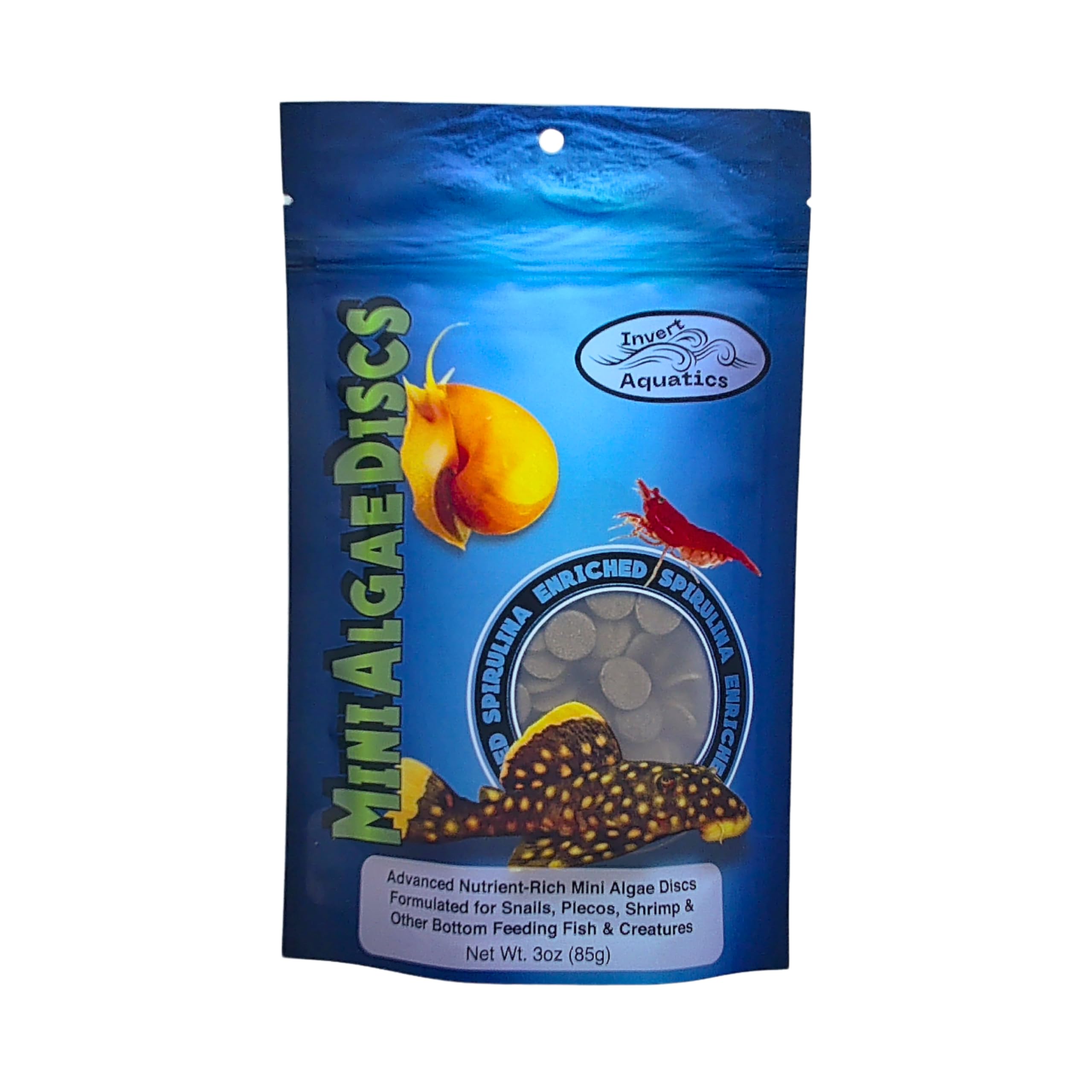 Invert Aquatics emballage des Mini Algae Discs montrant format 85 g et étiquette claire
