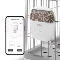 iPettie vue avant du distributeur suspendu montrant design compact et gain de place