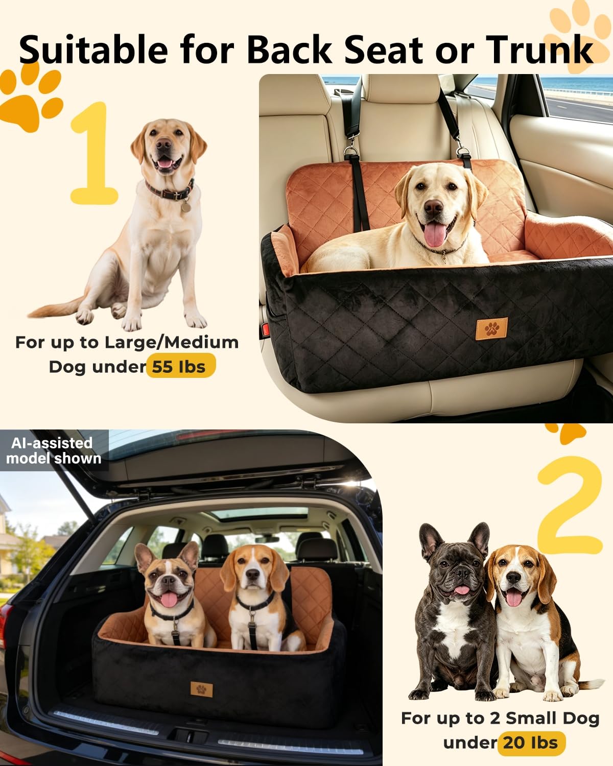 Ishineon siège avec mesure montrant dimensions adaptées pour chien jusqu'à 55 lb