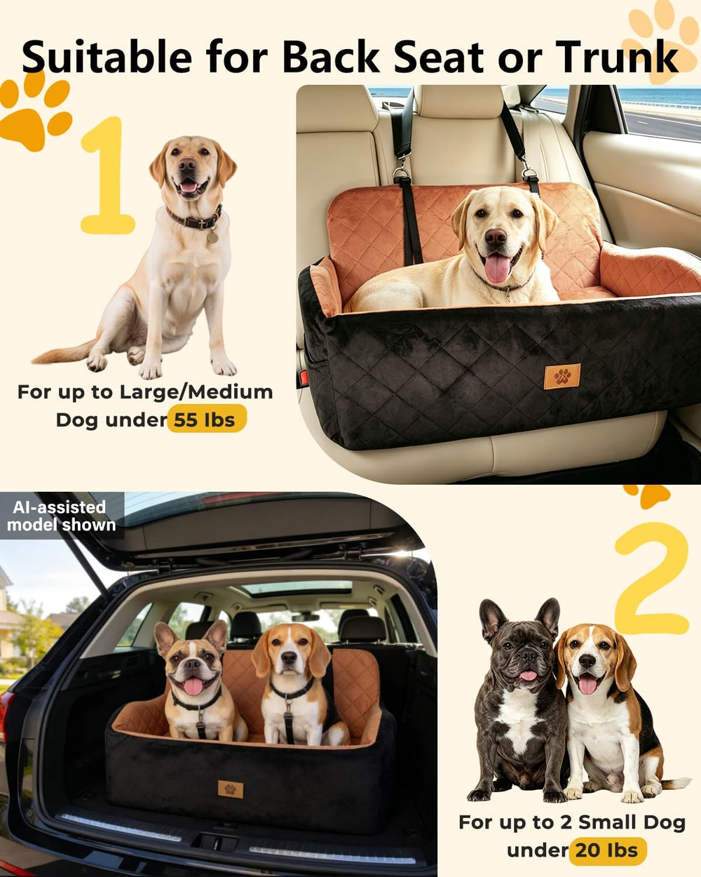 Ishineon siège avec mesure montrant dimensions adaptées pour chien jusqu'à 55 lb