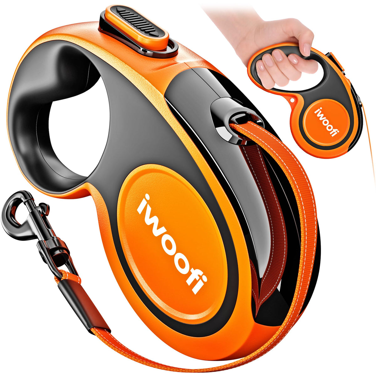 IWOOFI laisse rétractable face avant montrant mécanisme et design robuste