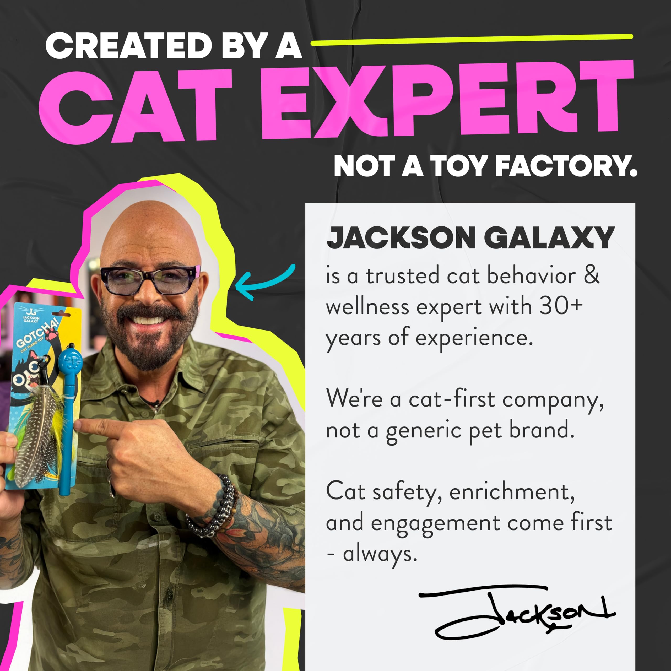 Jackson Galaxy comparaison d'échelle montrant taille maniable pour propriétaires
