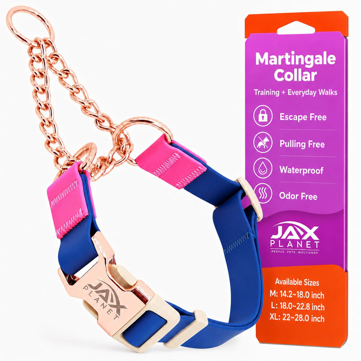 JAX PLANET collier martingale face bleu rose, contrôle sûr instantané