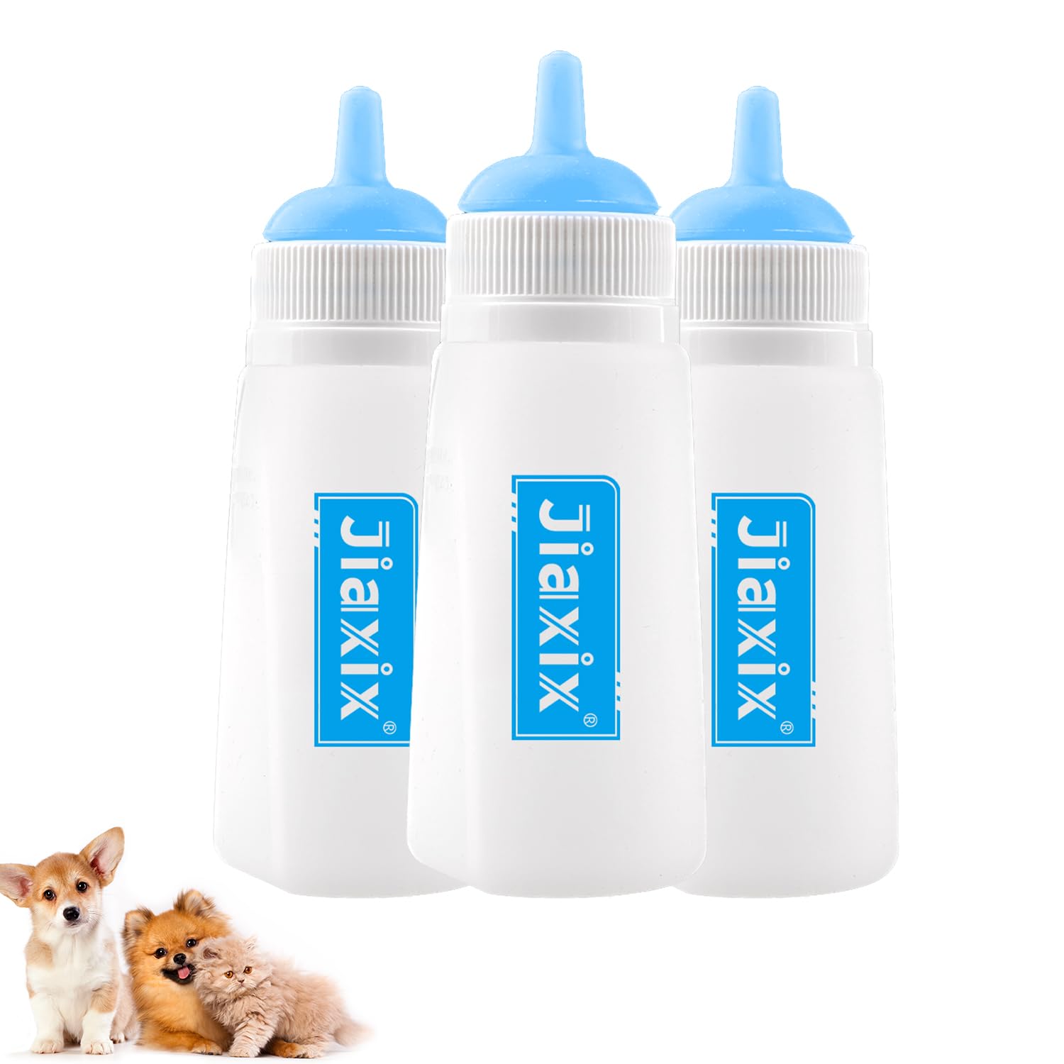 Jiaxix vue ensemble des trois biberons bleus pour nourrir plusieurs nouveau-nés