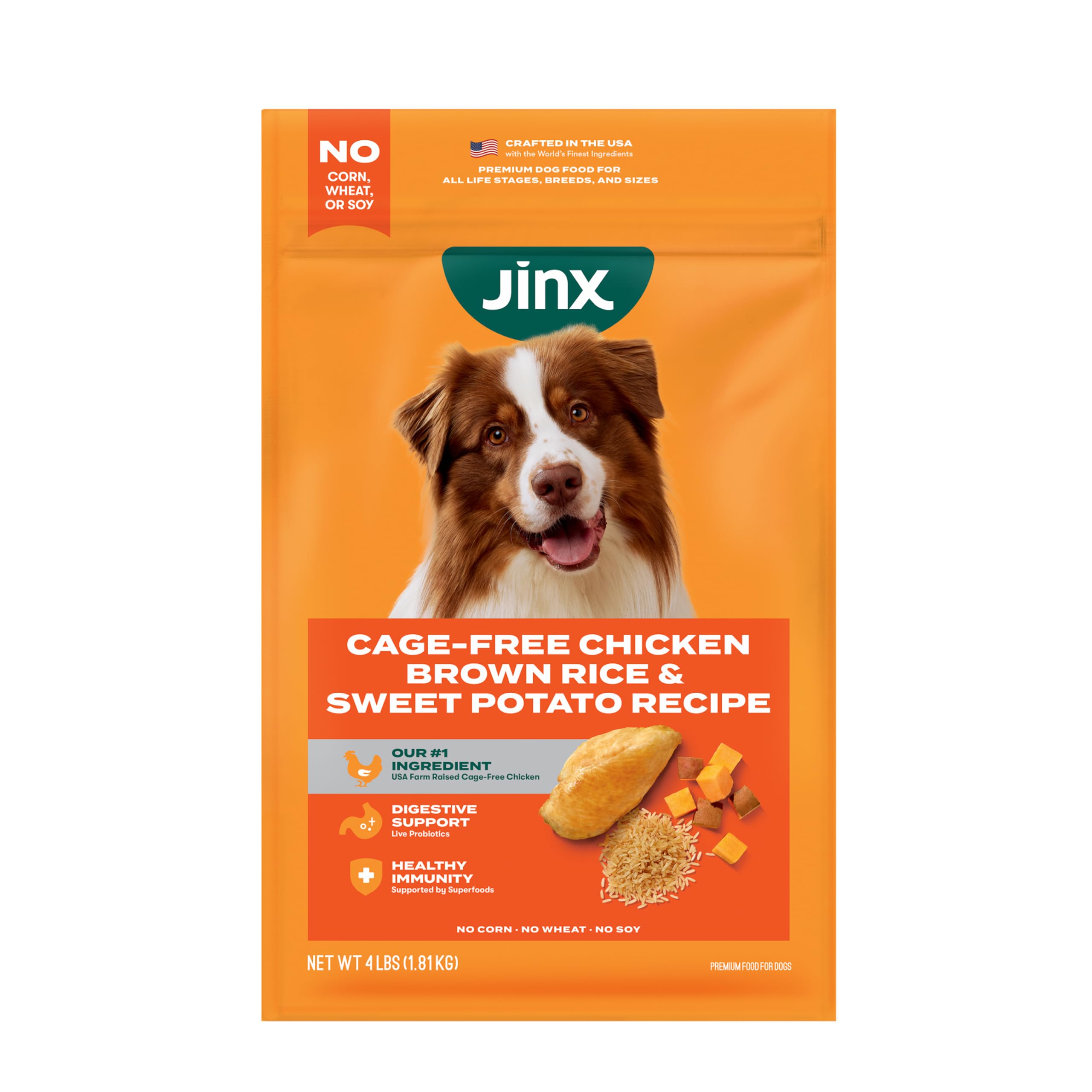 Jinx emballage avant 4 lb montrant le poulet réel et bénéfice nutritionnel
