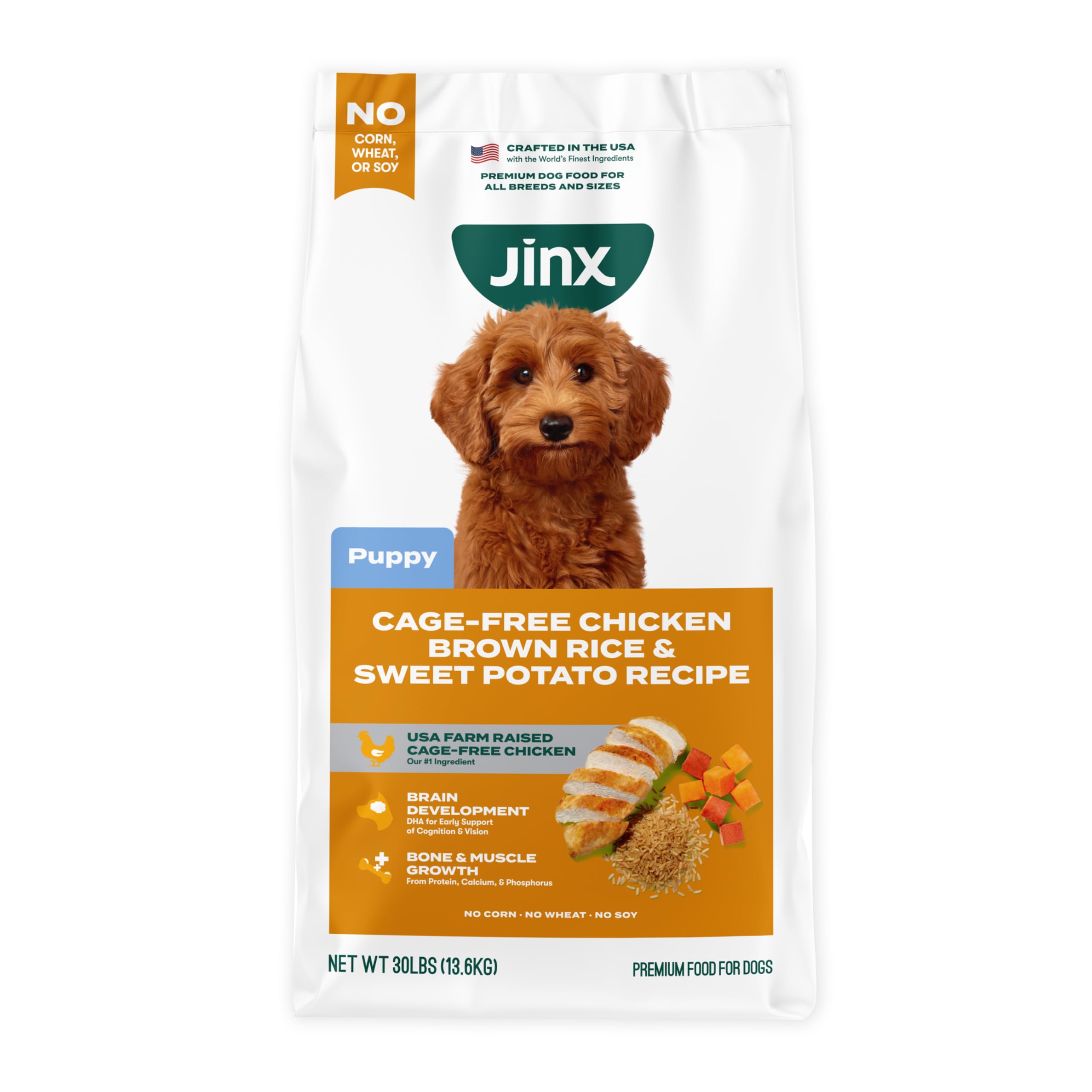 Emballage Jinx Puppy 13,6 kg montrant poulet, riz brun et patate douce pour nutrition équilibrée