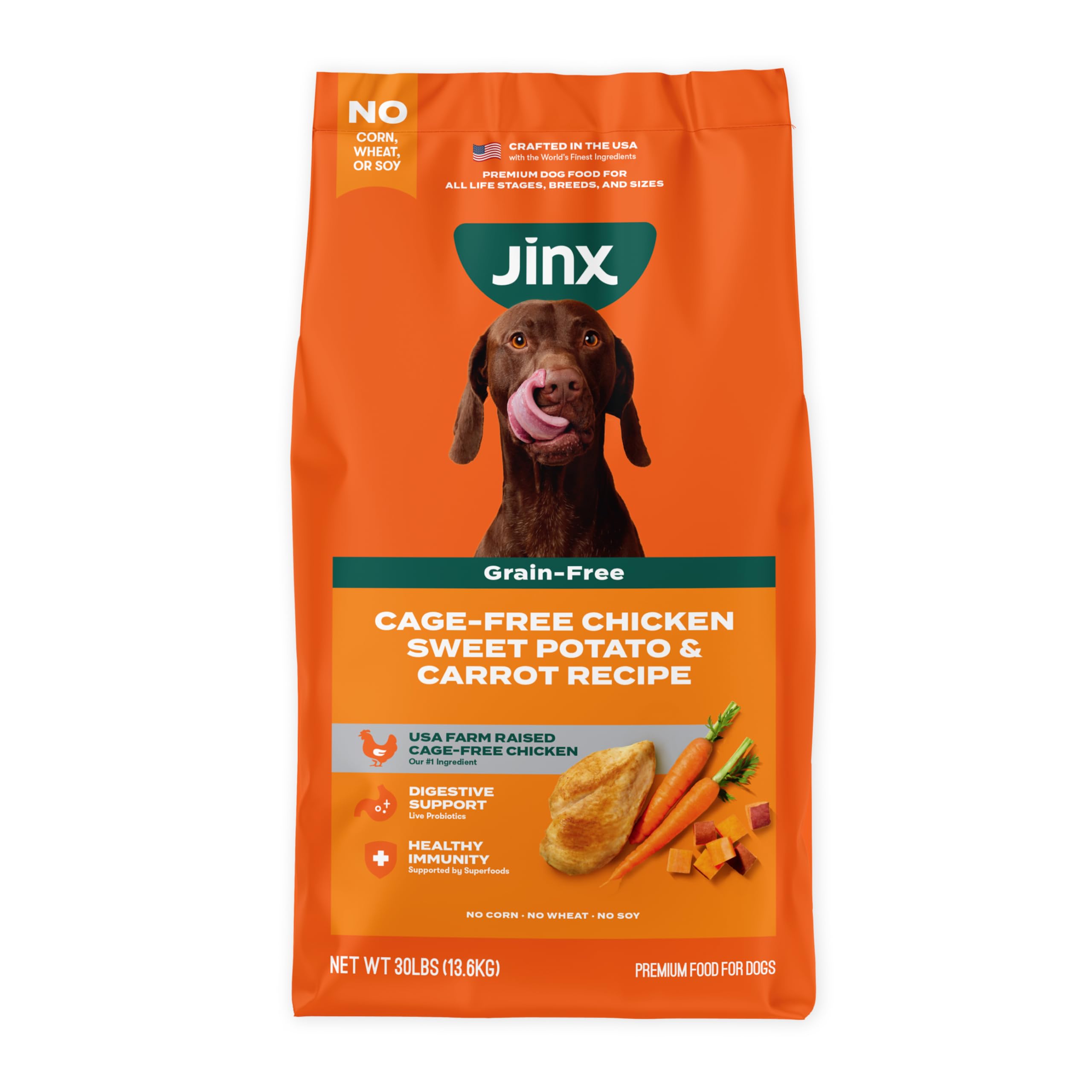 Jinx emballage face montrant sac 30 lb et informations nutritionnelles pour confort