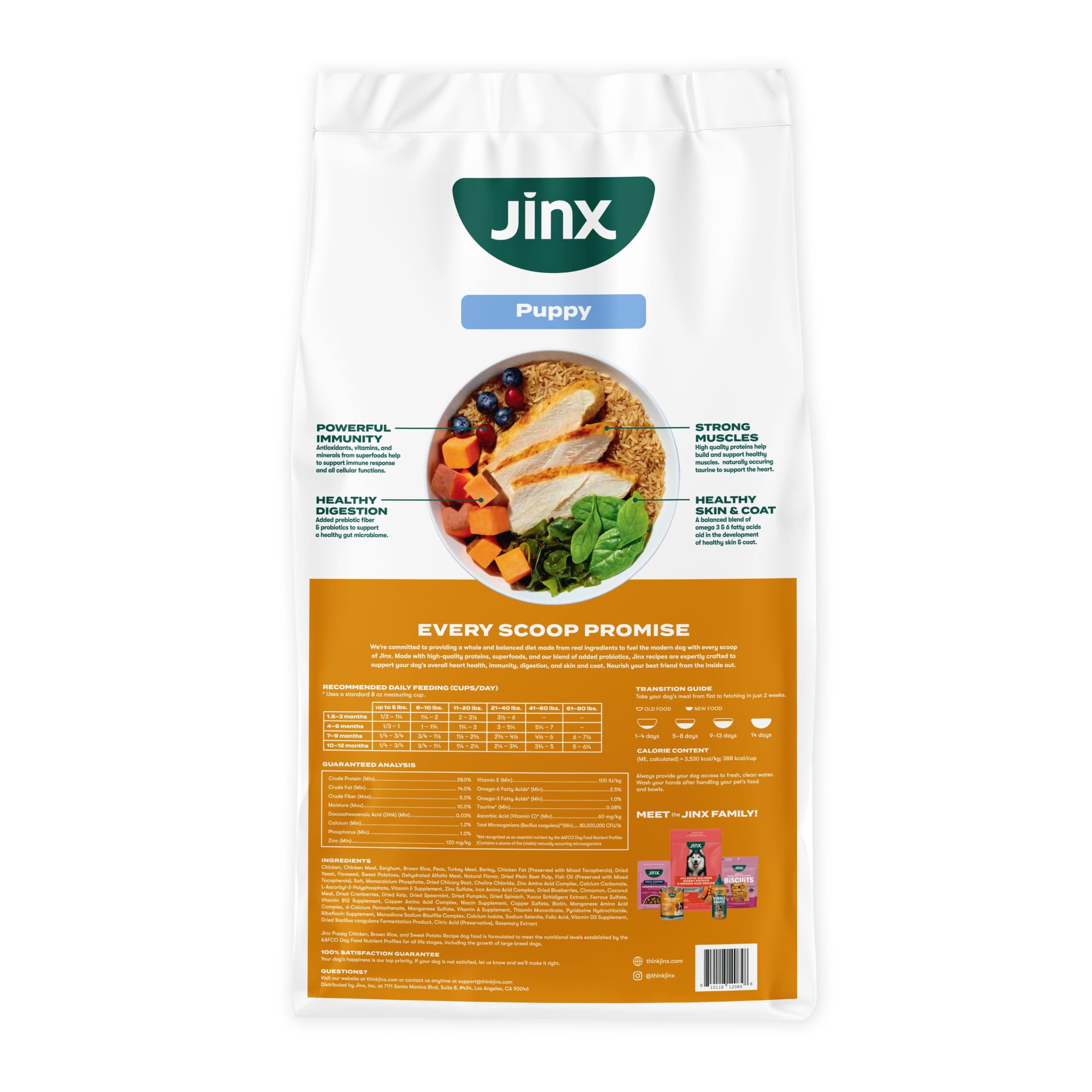 Tableau nutritionnel Jinx affichant analyses garanties et informations d’alimentation