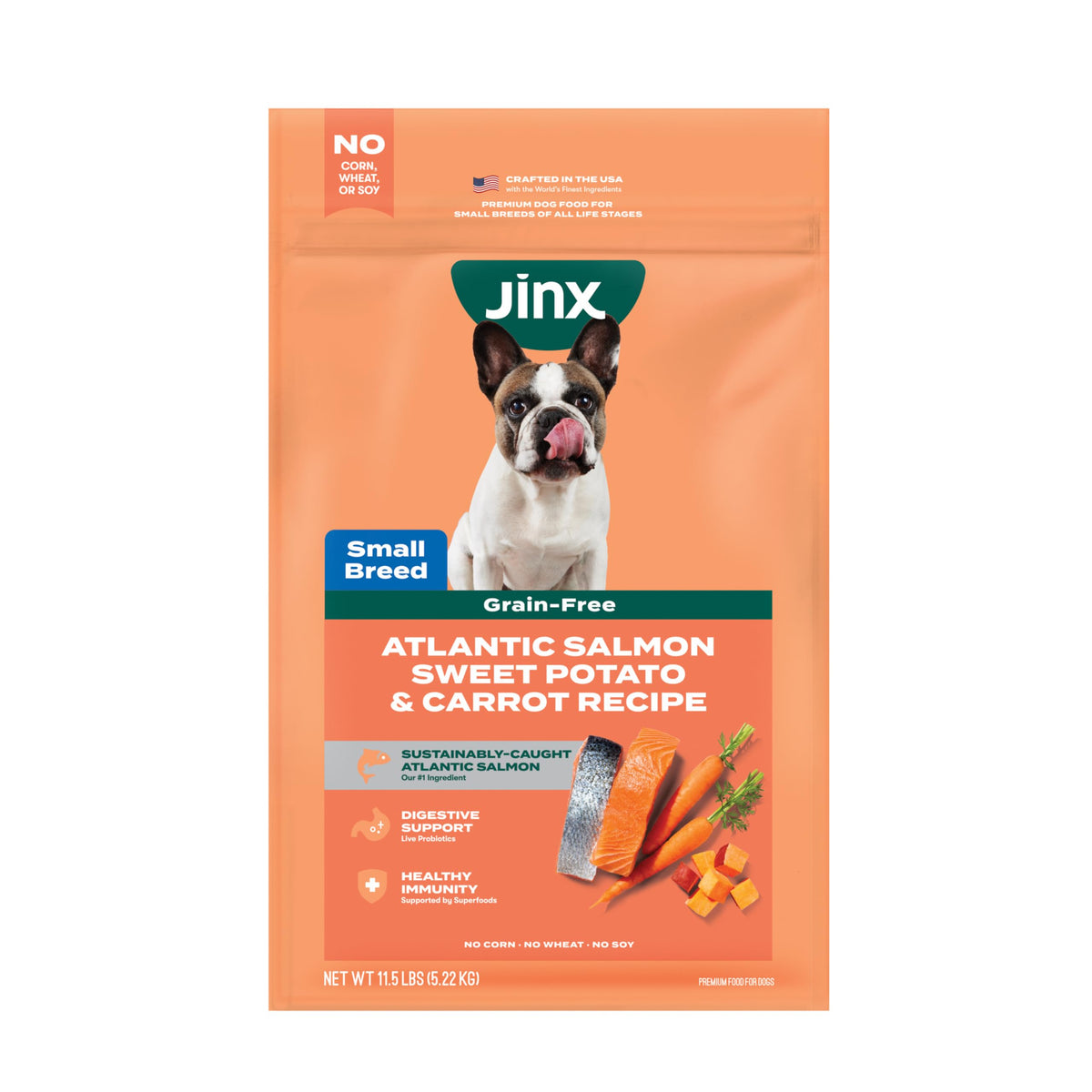 Jinx sac avant montrant l'emballage et la promesse nutritionnelle pour petits chiens